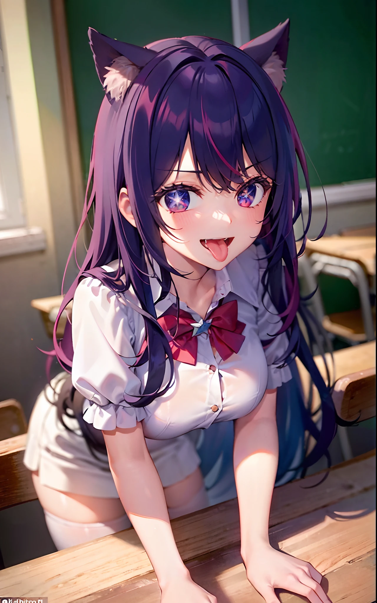 1girll，（（There is a five-pointed star in the eye））Gorgeous Hair in Long Purple，Smile，Open mouth，Inches，Unfasten the buttons，nedium breasts，Blushlush，Cat ears，‎Classroom，classroom desk，all  fours，white stockings，（（Be red in the face））Tongue stock