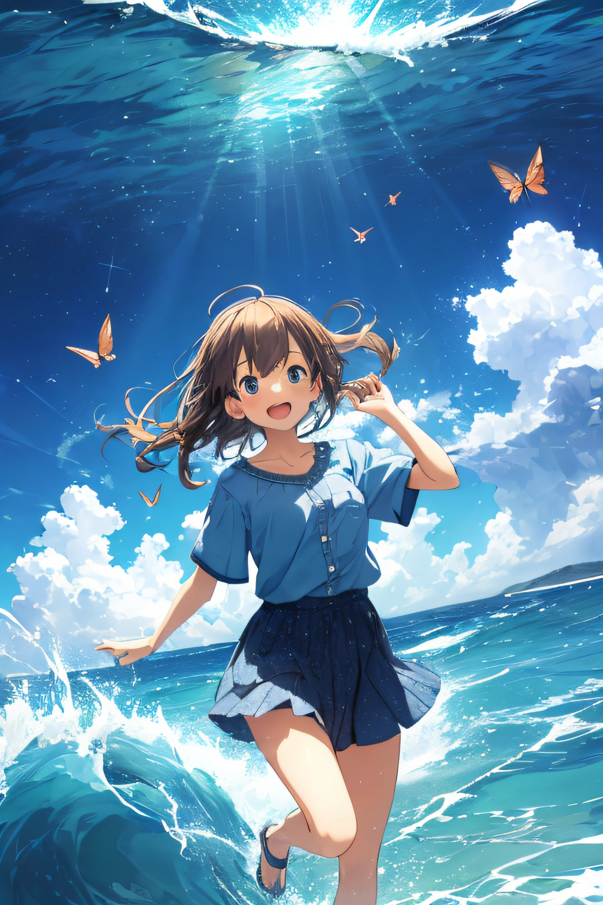 [(Cloud background:1.5),::5] (Isometric:1.0), 1Girl, mid shot, s whole body, ocean, Sea waves, Water splashes, sky, light particles, butterflies, natta, starry skies