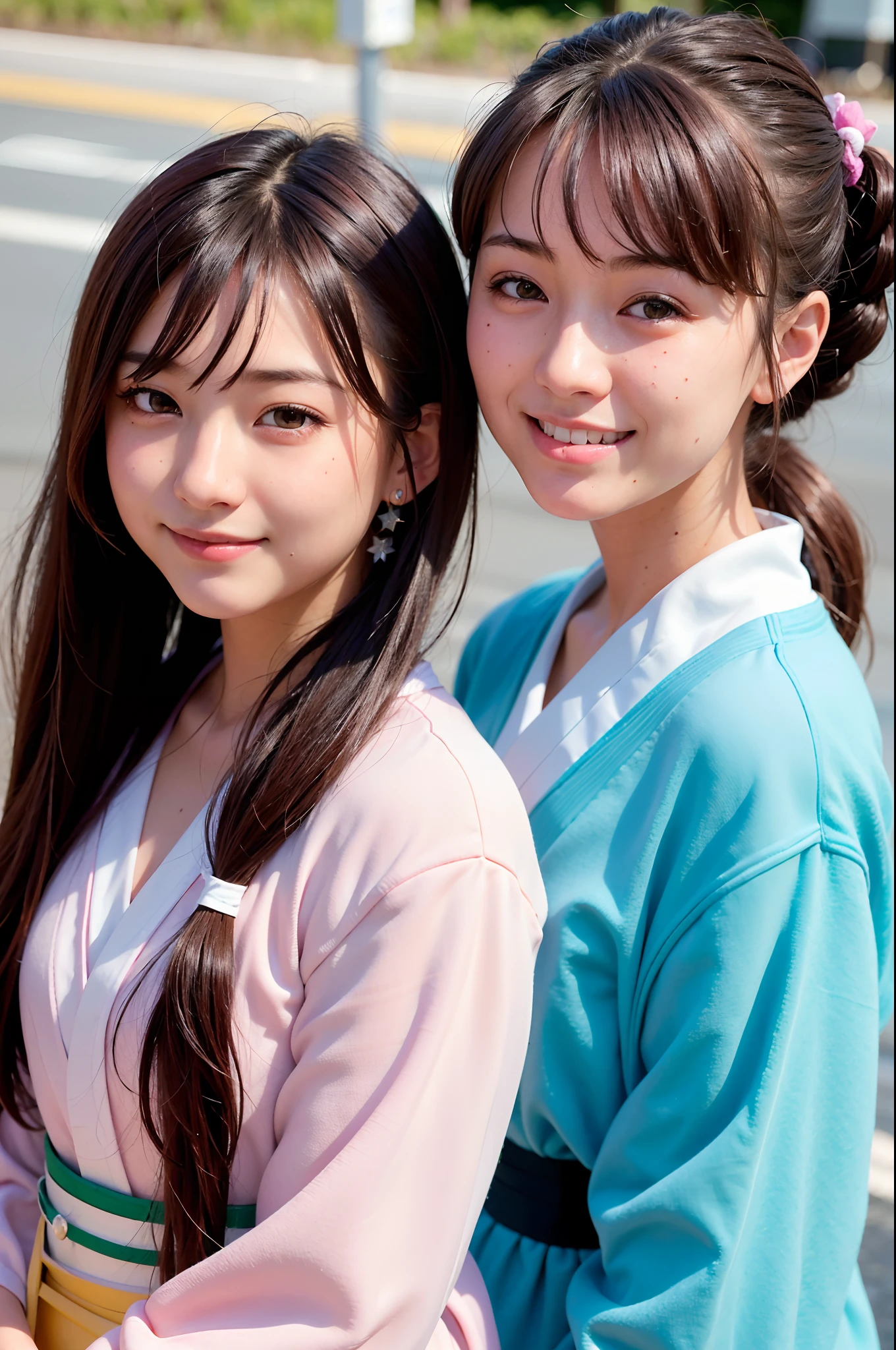 best quality, face focus, soft light, (depth of field) ,ultra high res, (photorealistic:1.4), RAW photo, (portrait:1.4) ,(from front)
(((two japanese girls,duo))), Two girls in costume taking selfies on the street,colorful pigtail, anime cosplaying,cute, (shy, smile:1.1), (brown eyes),  detailed beautiful face, (midi_hair)