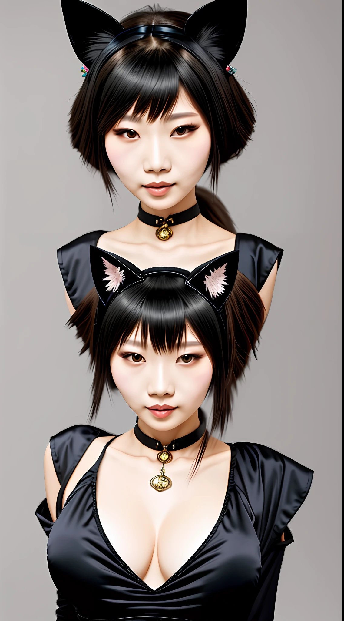 Maid cat ears big breasts black silk beauty Asian