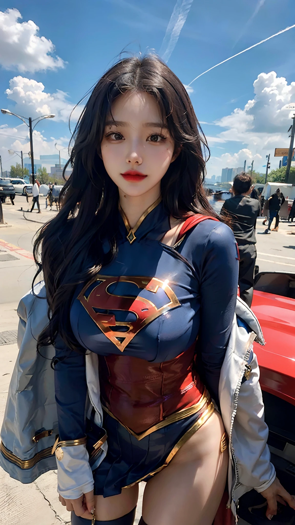 Woman body set big breasts, Supergirl Costume Dress, flying in sky, 4k, Huge details, surreal, Detailed face, 韓国アイドル, a beauti