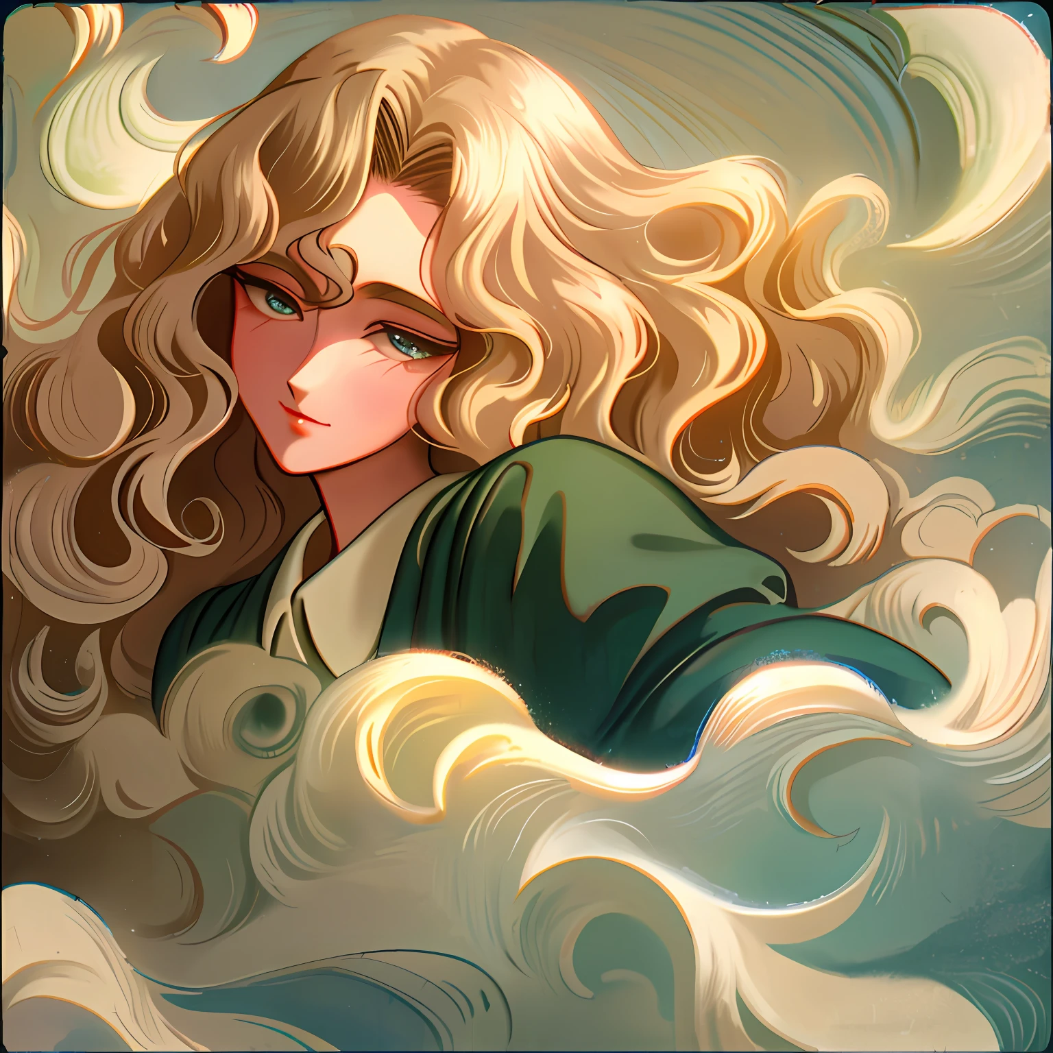 Vintage style, high nose bridge, double eyelids, wink, big wavy long hair