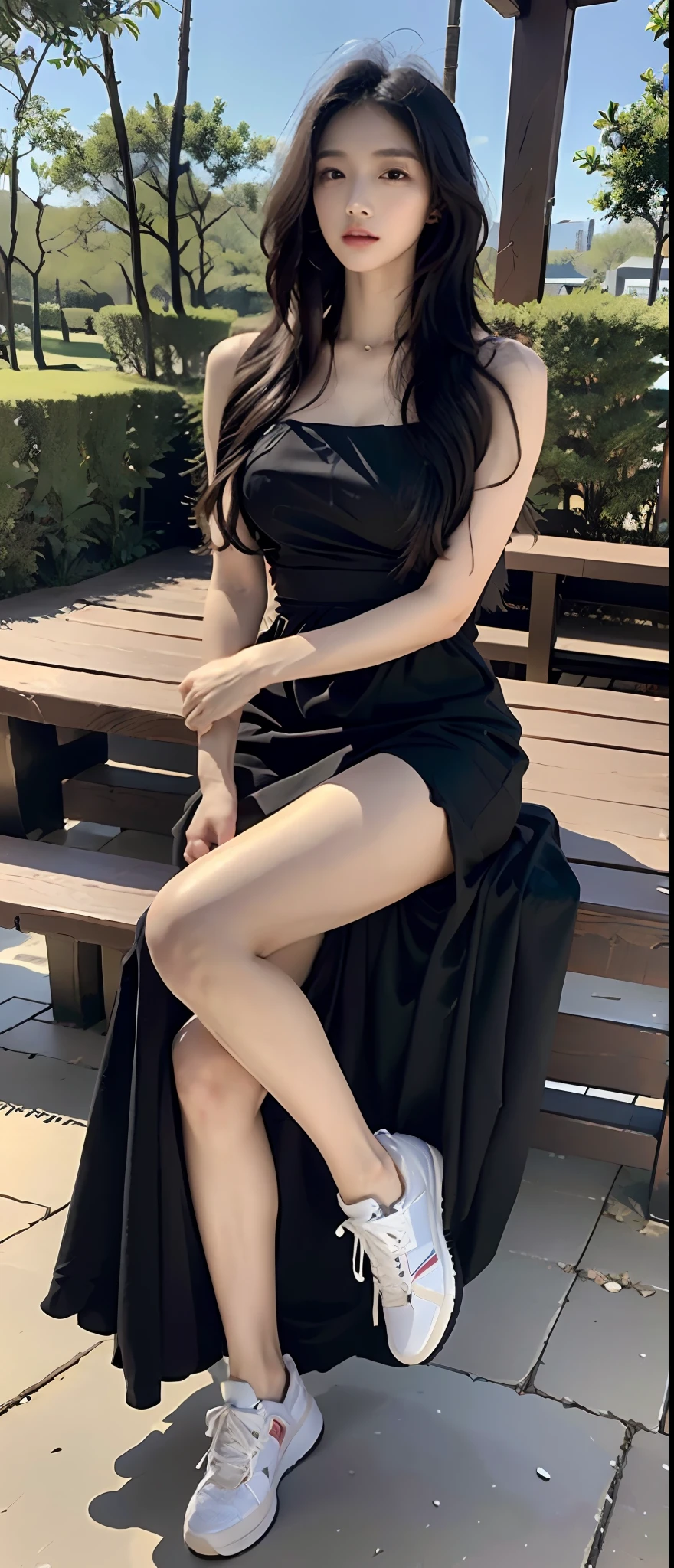 ((Best Quality, 8K, Masterpiece: 1.3)), Sharp, close up, Perfect Body Beauty, slender thigh, Slim, ((black wavy hair, bow hair)), (gowns on sneakers), (sitting on the bench), (garden), Highly Detailed Face and Skin Texture, Detailed Eyes, Double Eyelids,