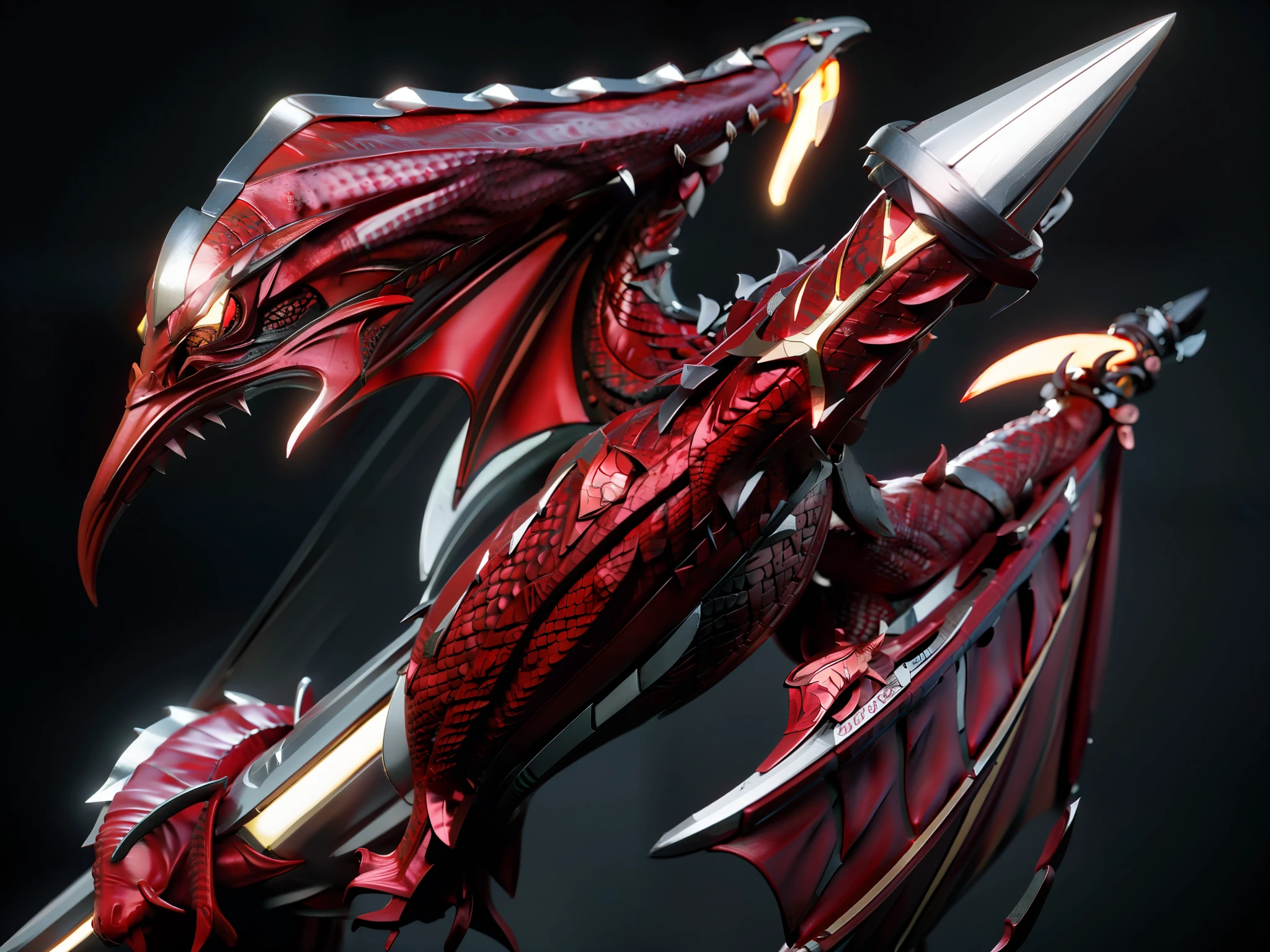 Masterpiece, Best quality, 8K, Realistic, A metal javelin wrapped around the red dragon, A magic dragon wrapped around a javelin, The head of the red dragon is a metal javelin, Dragon scales can be seen on dragons, Magic Dragonlance, A dragon's tail wrapped around the handle of a javelin, Sharp javelin