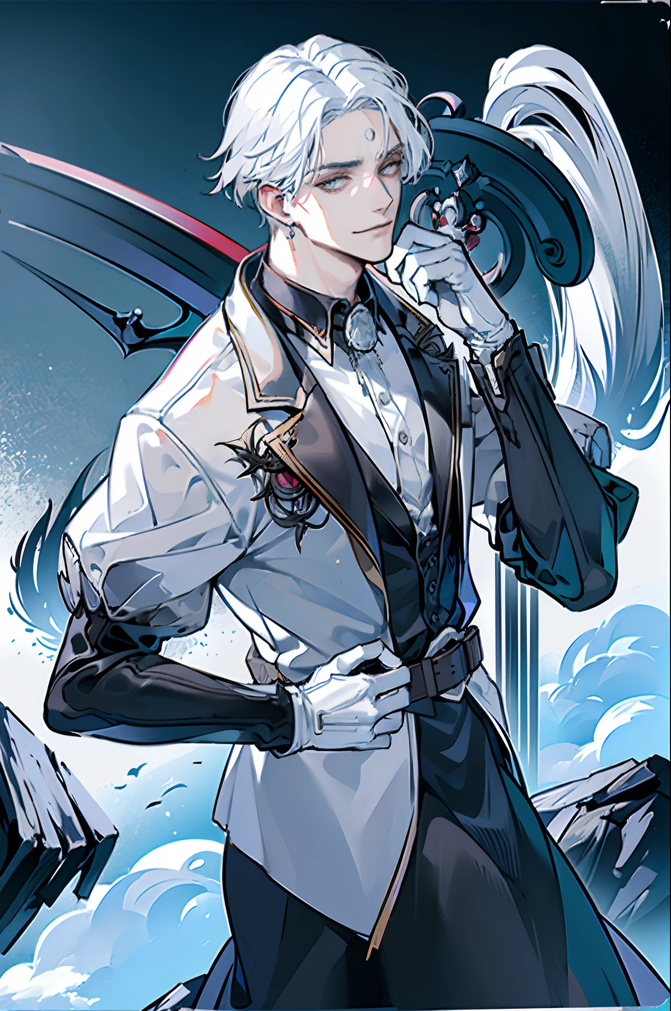 (Masterpiece, Best quality:1.2), (absurd res, A high resolution, Ultra detailed), 1 male, Adult, Handsome, Tall man, White hair, finely quality eyes, Half shot, Detailed background, Detailed face, (Gothic), fake smile, dark leather, alta fantasia,Shadows, Heavy fog, (Dutch angle), Closed mouth,fox ear