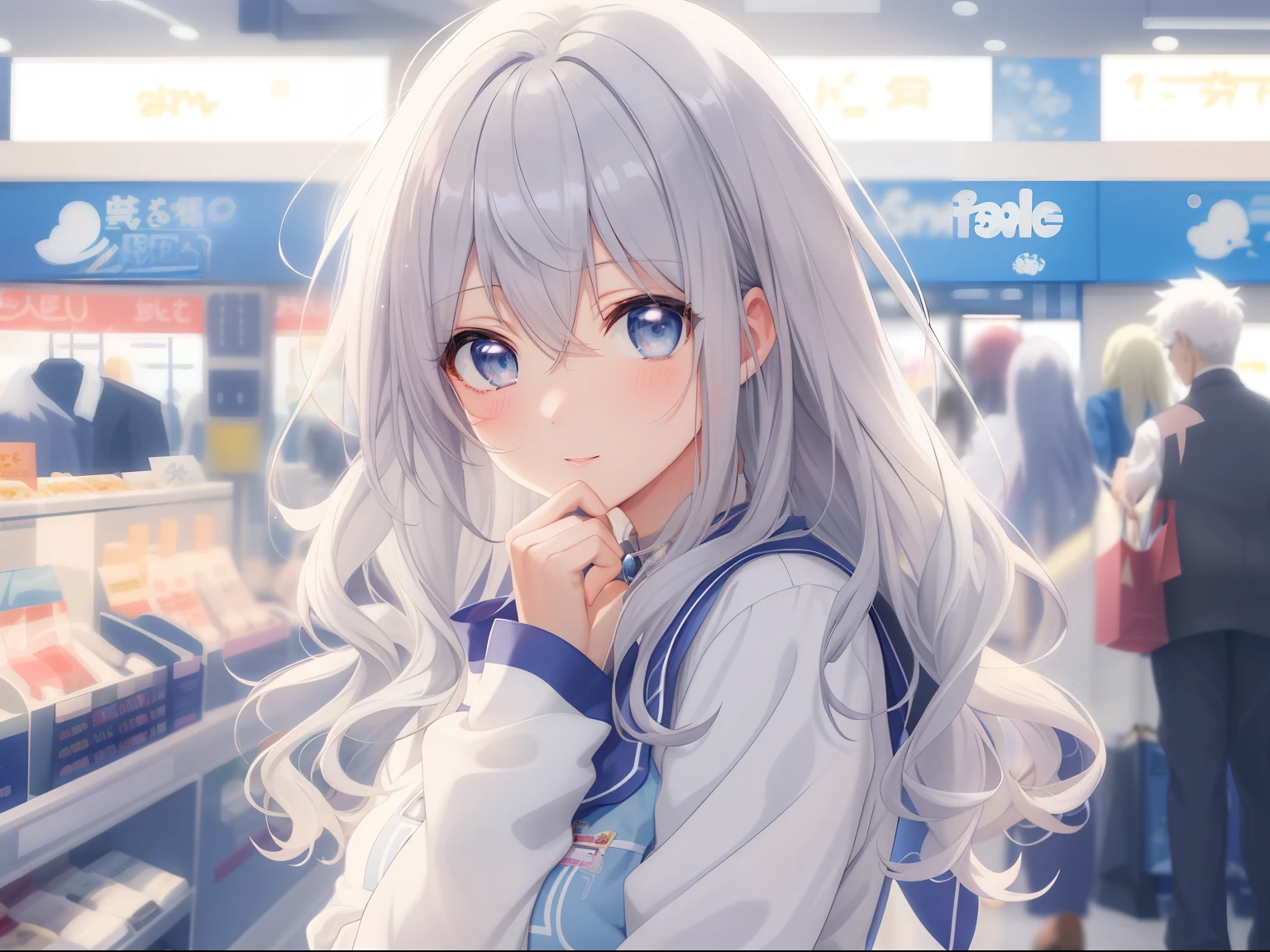 anime big breast, Anime girl, Gray-haired, Blue eyes, Shopping, Shopping, shopping mall, anime visual of a cute girl, Beautiful Anime High School Girls, Perfect white haired girl, Cute anime girl, a beautiful anime portrait, up of young anime girl, Girl with white hair, clean and meticulous anime art, cute anime girl portraits, An anime girl, pretty anime girl, attractive anime girls