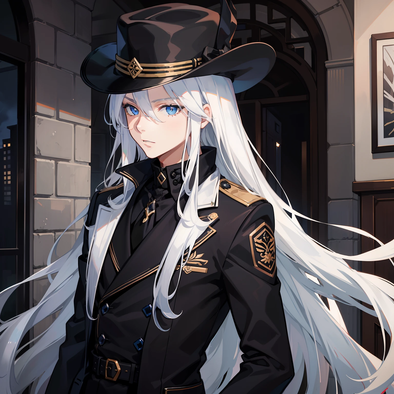 (tmasterpiece,best qualtiy),A long white hair,Blue-eyed boy ,a black trench coat
