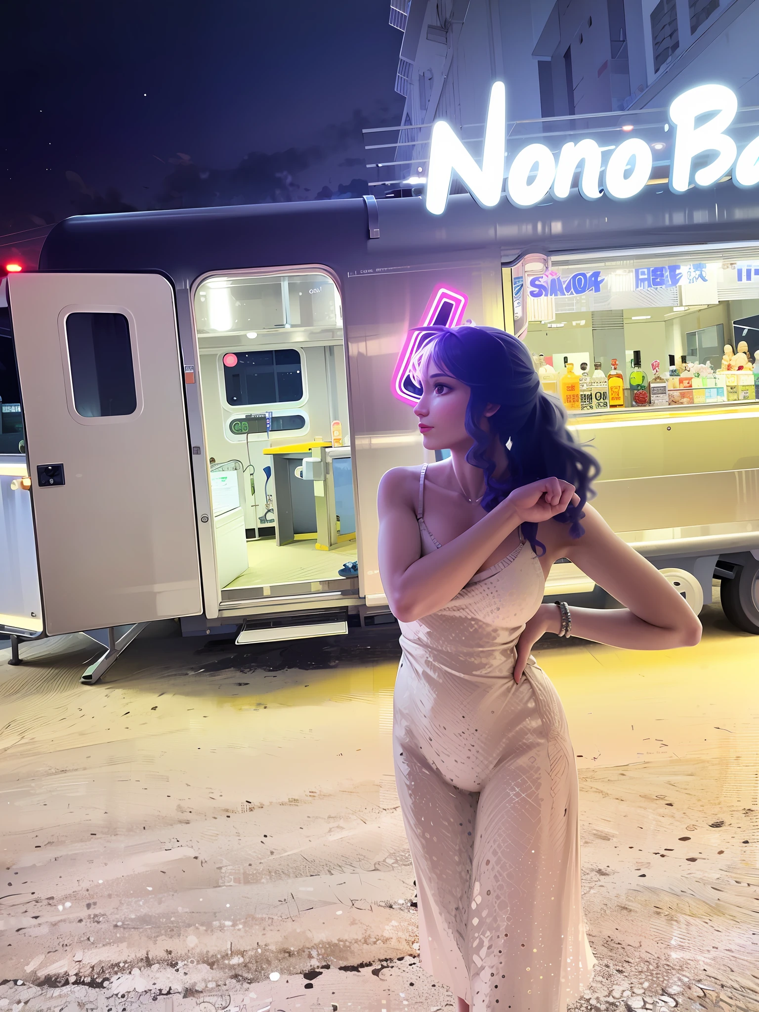 There is a woman standing in front of a food truck, with neon lights, with neon signs, photo taken at night, at night with neon lights, Shot on Canon EOS R 6, 🤬 🤮 💕 🎀, dancing in the background, author:Nico Henrikan, taken on iphone 1 3 pro, nostalgic vibes, neon signs in background,hyper HD
