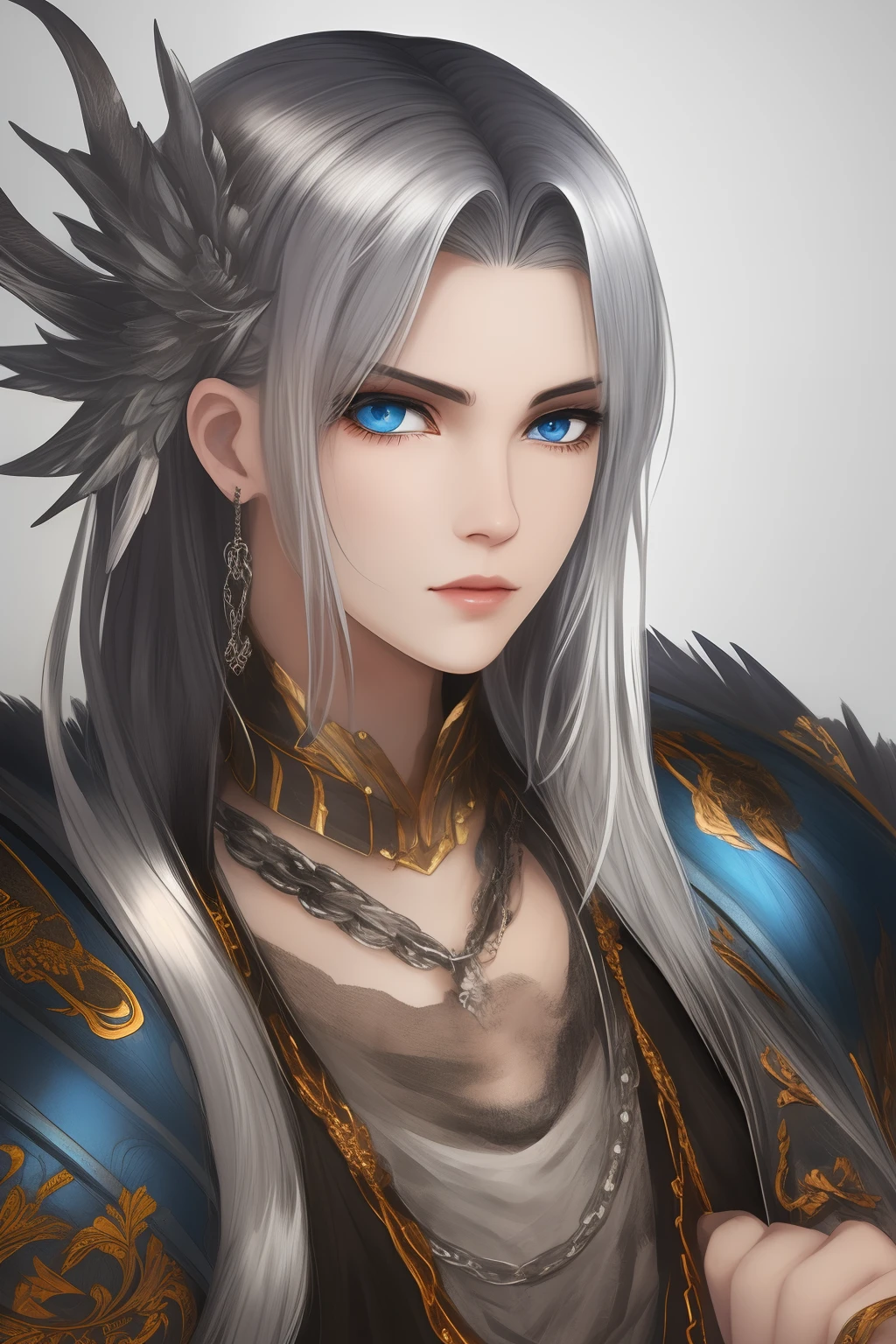 Silver blue dragon horn,maiden,cute,Silver blue eyes,Long silver hair, had four black chains on his hands