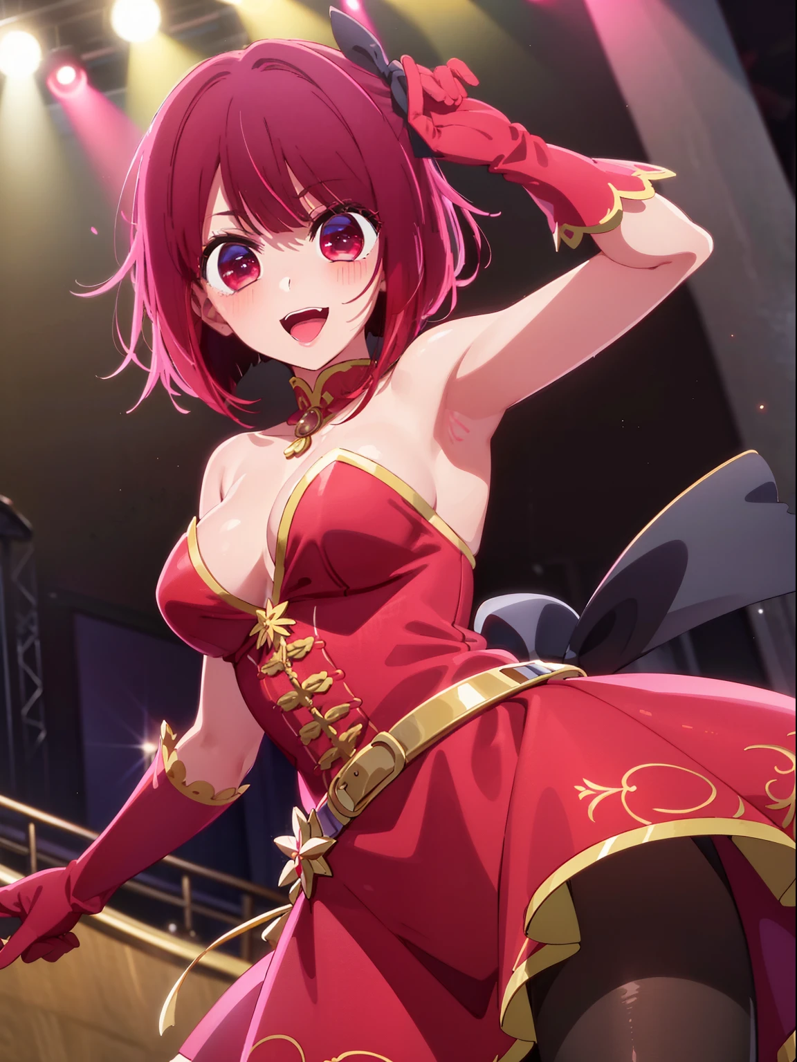 masterpiece、ighly detailed、(1 girl in:1.2)、Red hair、big eye、a closeup、A smile、8K、short-hair、animesque、Shining eyes、(((Red Idol Costume))), ((Red dress)), (((Pink gloves))), dance, sings, brilliance, on a stage,Black hair ornament, stage, A light, striated hair, radiant eyes, medium breasts, gloves, Sing with your mouth open, Bottom Black Skirt