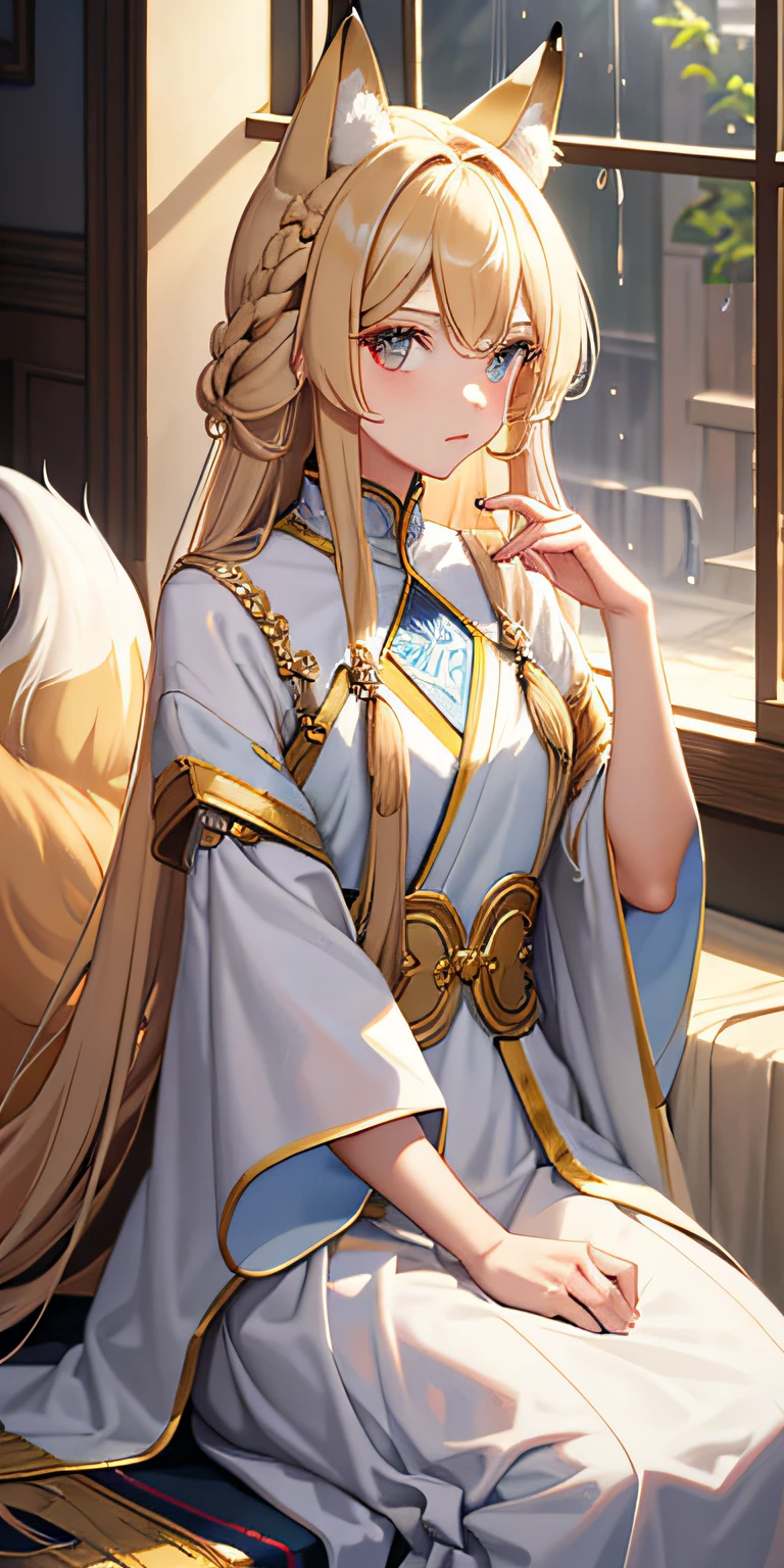 Need,tmasterpiece,whaite hair,gold eyes,Hairline,Fair skin,SideBraid,Royal sister,fox ear,sitted,Nine fox tails,the night,It was drizzling outside the window