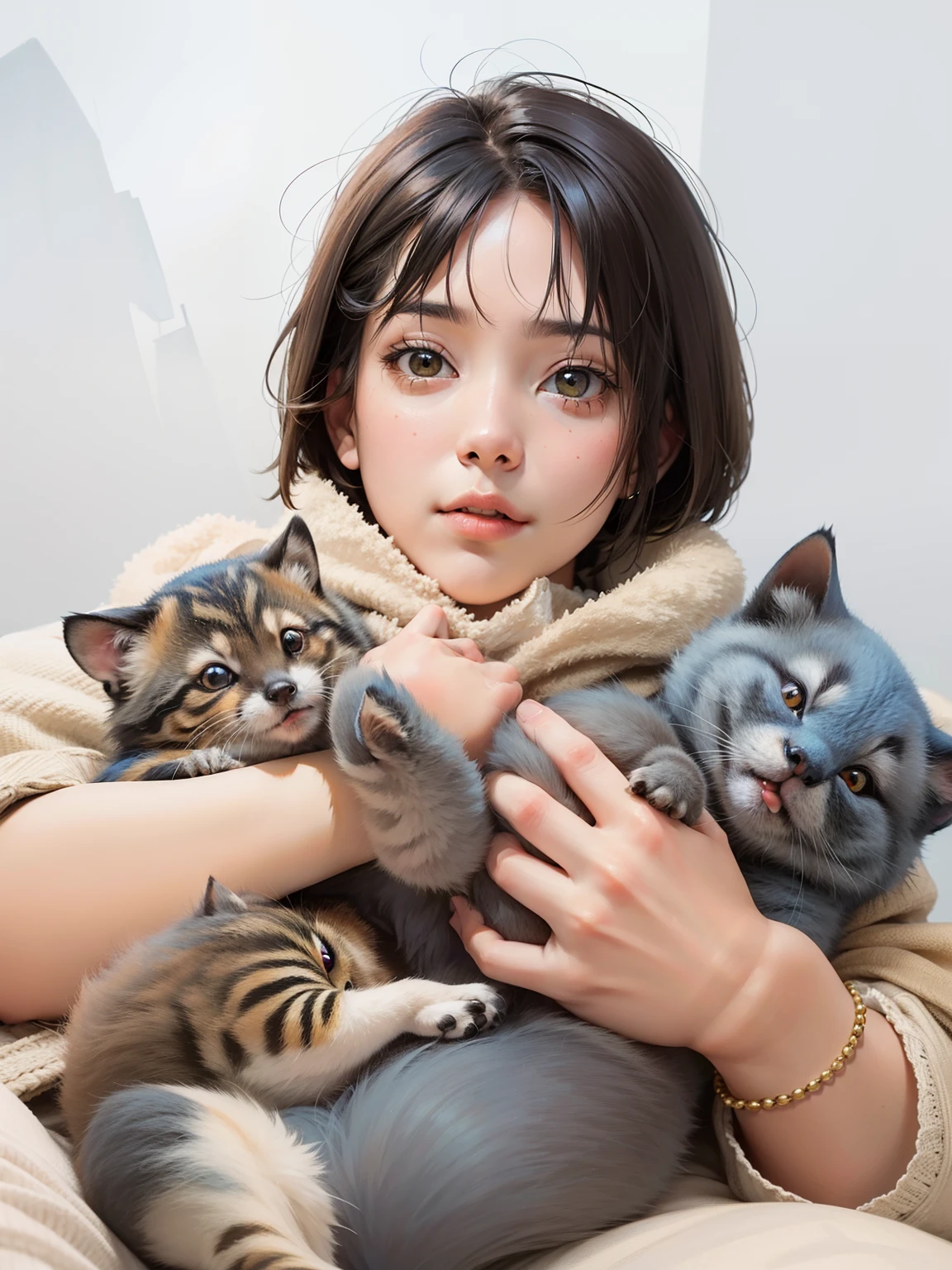 A short-haired girl holds a tawny tanuki cat on her left，Holding a blue cat on the right