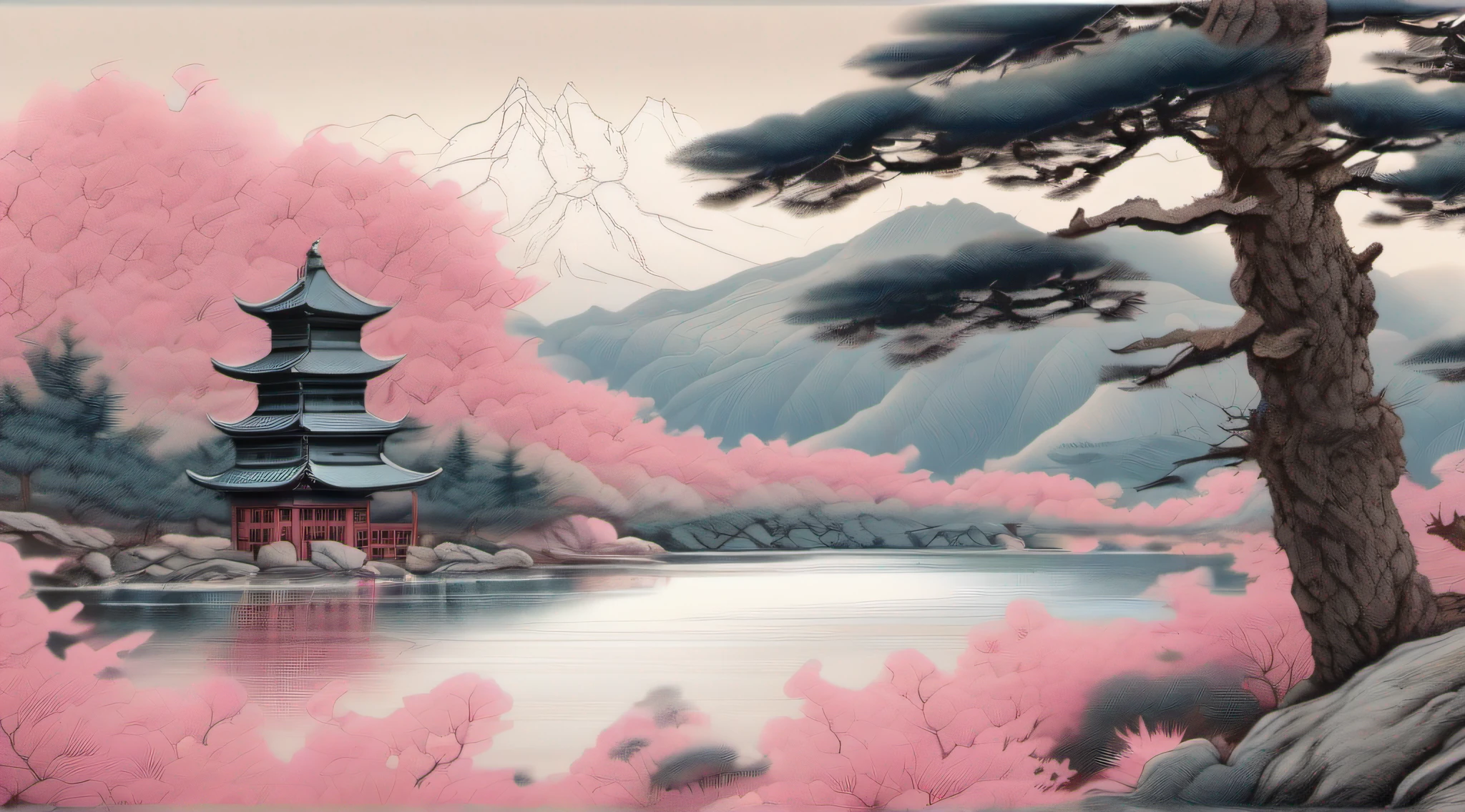 (ultra detailed, High quality ,best quality, High precision, Fine luster, UHD, 16k), (official art, masterpiece, illustration), Chinese Ink Painting,national wind landscape as background, clouds, waterfalls, lakes, mountains, pine trees, clear line texture, hand drawing, gongbi drawing, master composition, pink and beige color scheme