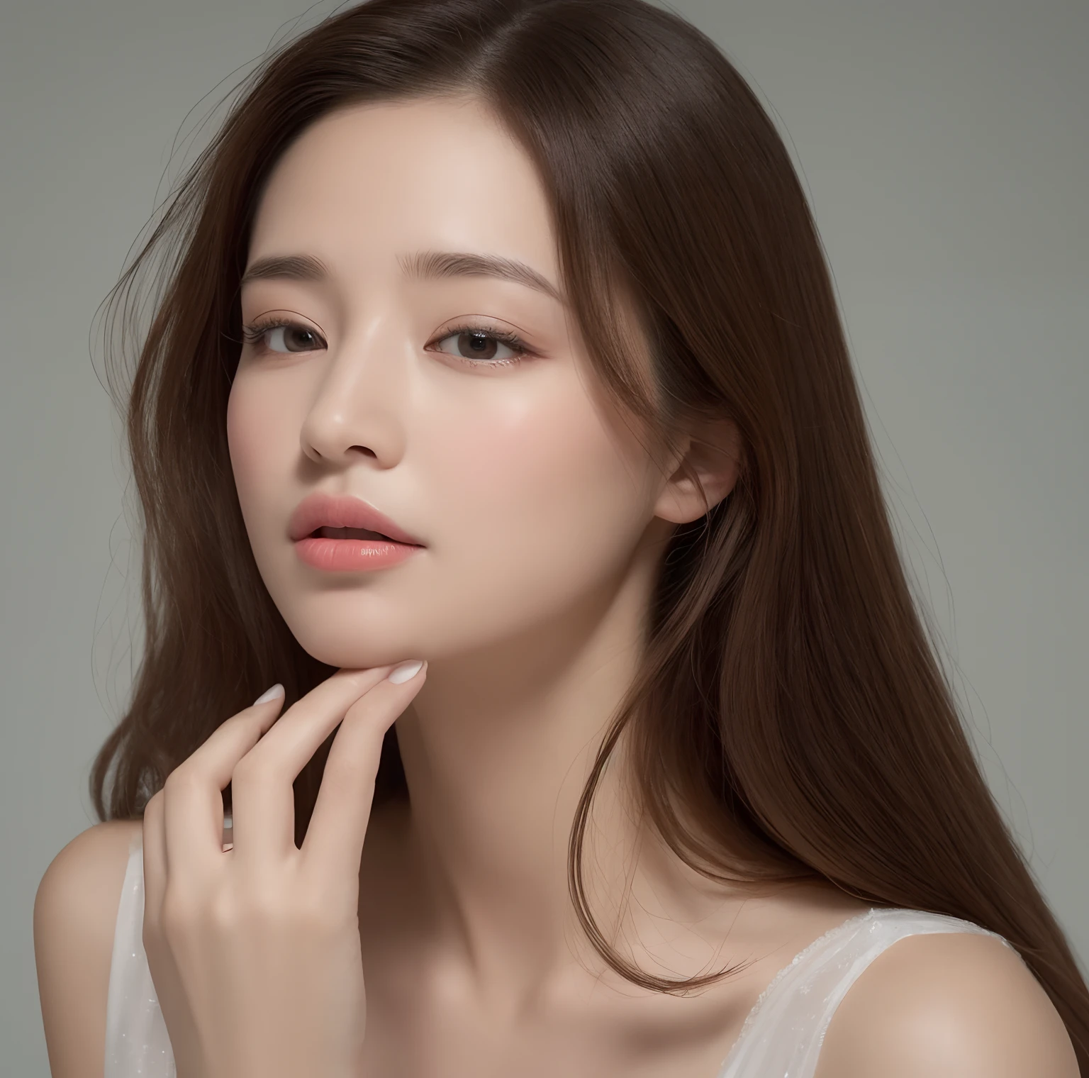 a beauti，Expression enjoyment，Hair is scattered，Eyes are confused，Delicate face，Delicate mouth，Fingers are natural