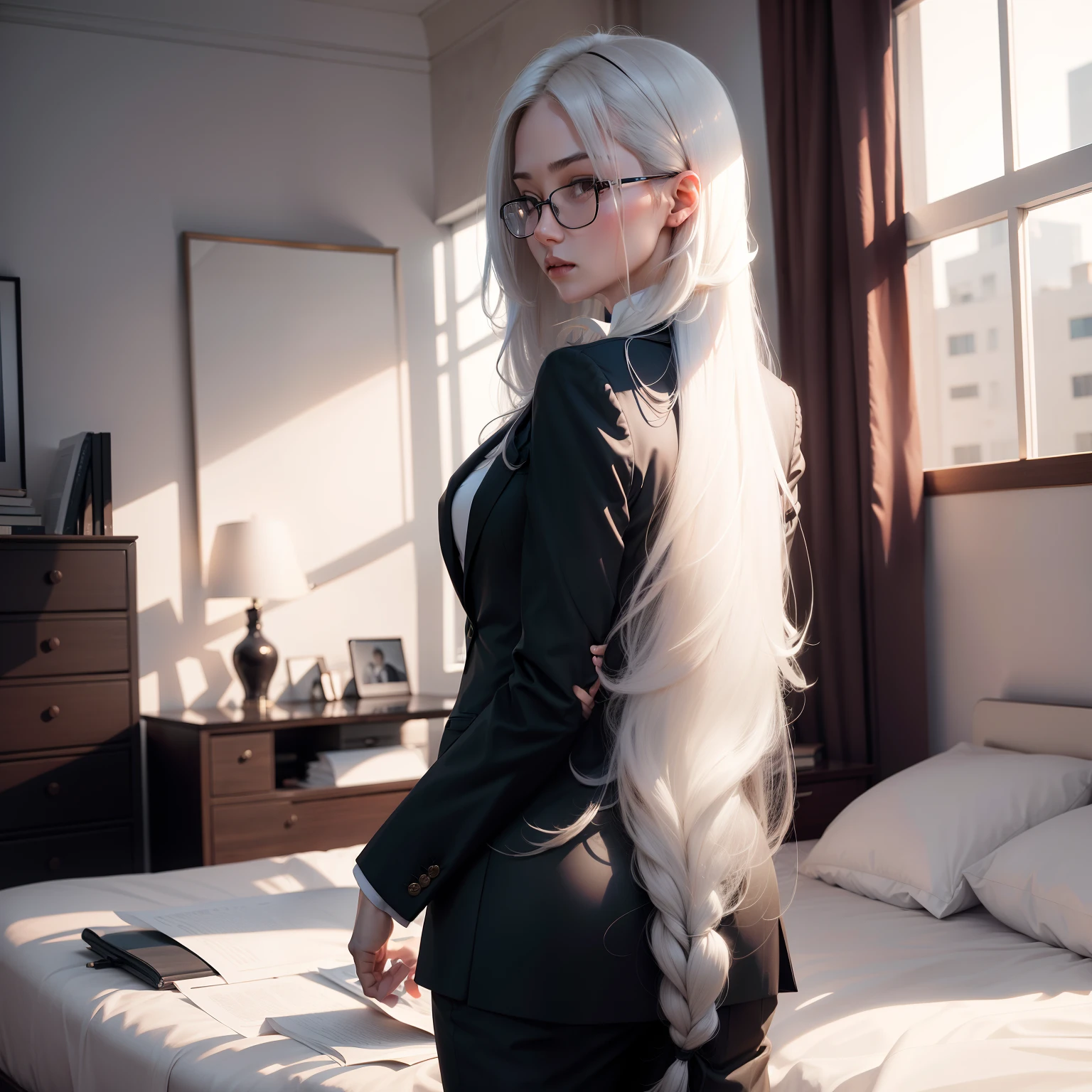 long whitr hair,abstact,eye glass,Business suit,Overbearing president,onbed