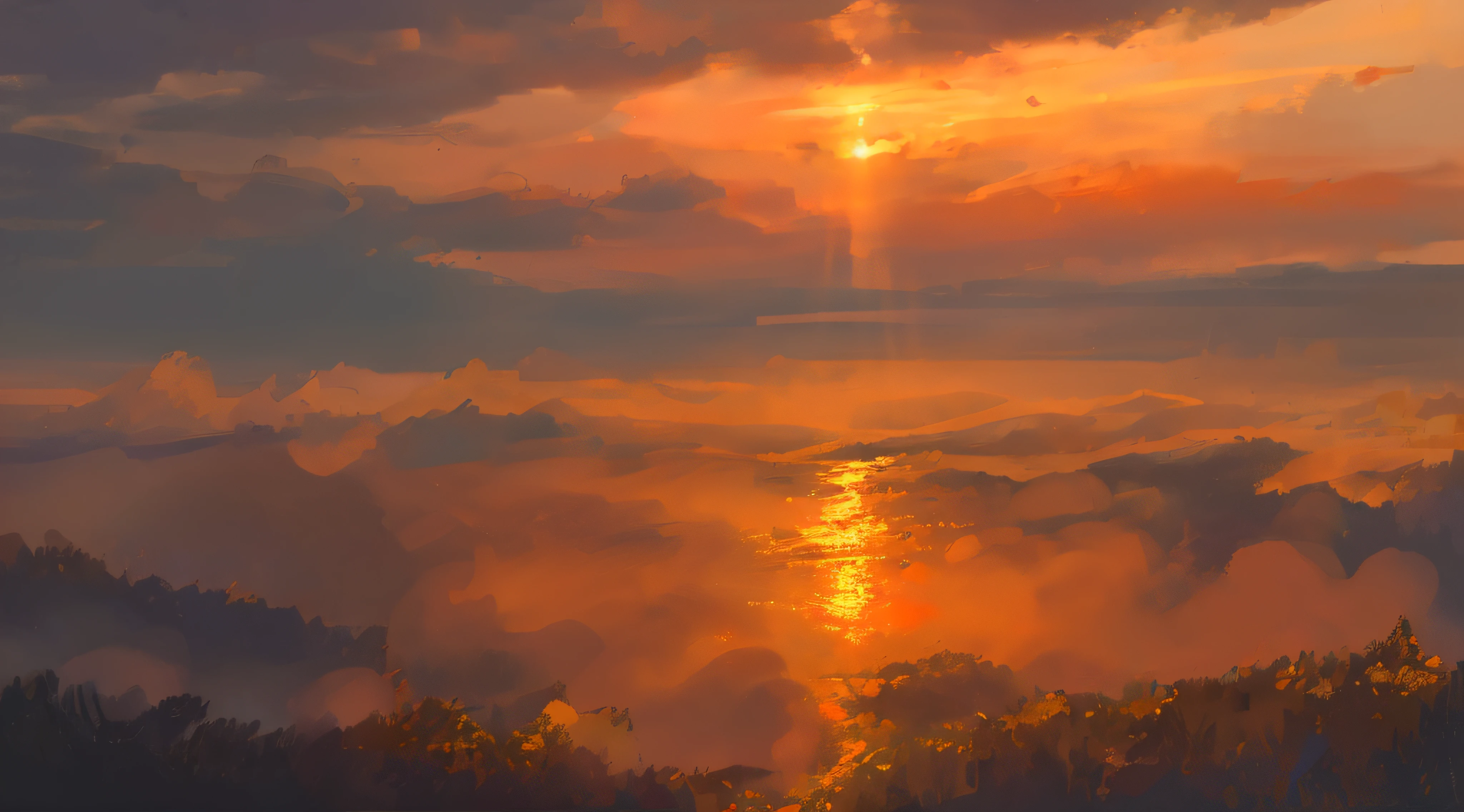 (Sunset scenery, orange light spots, yellow, orange, red tones: 1.2+ atmospheric casual smear style | Evening wind and drizzle, soft light spots, fog)