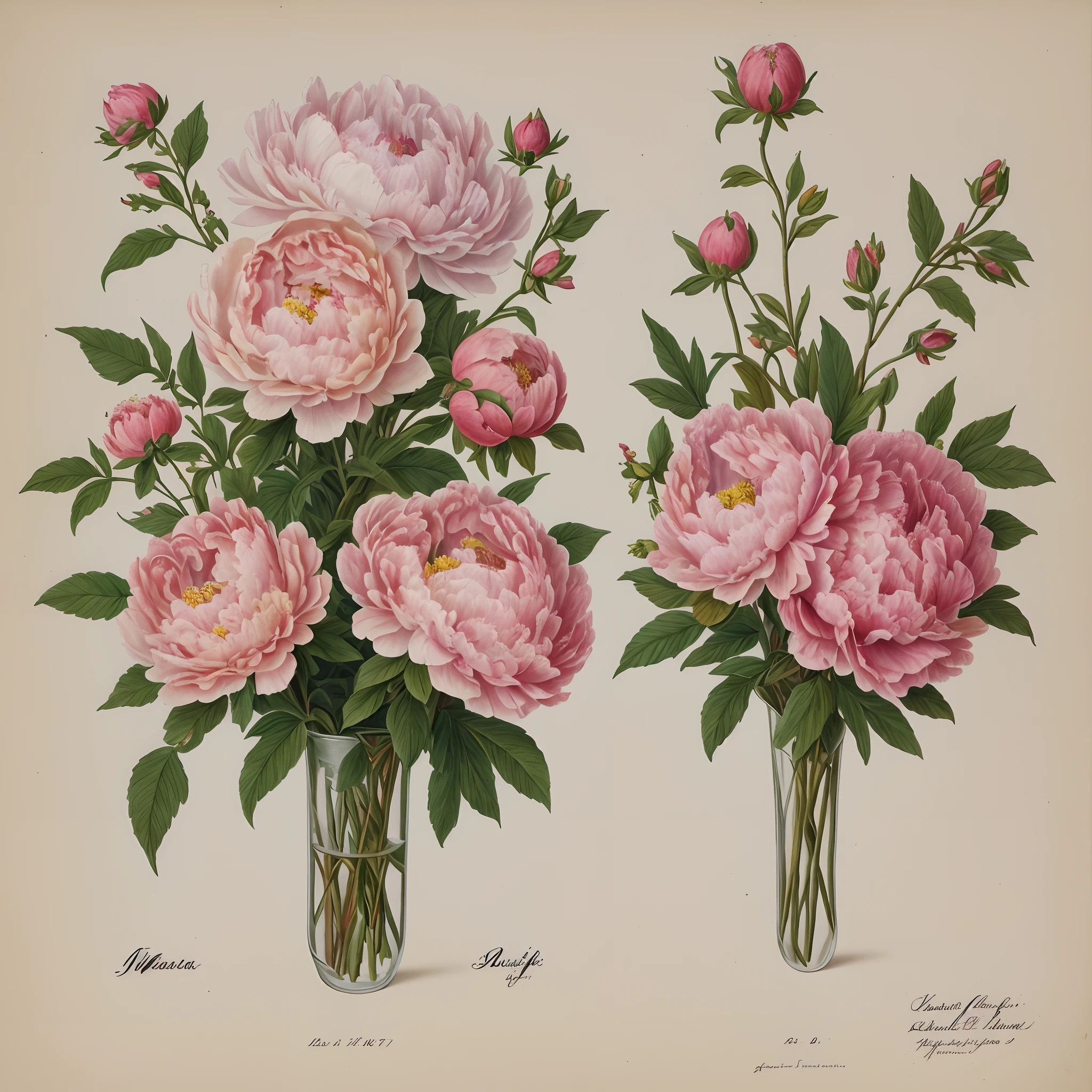 (beste-Qualit: 1.2), (Detailed: 1.2), (tmasterpiece: 1.2), Vintage botanical illustrations of peonies pink, bouquet (1770-1775) in high resolution by John Edwards