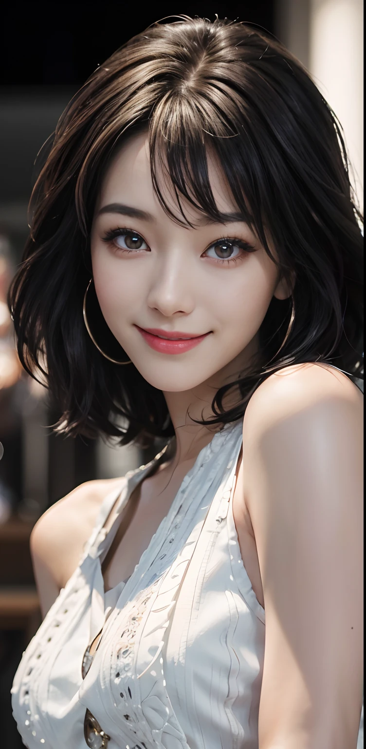 Masterpiece, 1 Beautiful Girl, Detailed Eyes, Swollen Eyes, Best Quality, Ultra High Resolution, (Reality: 1.4), Original Photo, 1Girl, Cinematic Lighting, Smiling, Japanese, Asian Beauty, Korean, Clean, Super Beautiful, Beautiful Skin, Slender, Cyberpunk Background, (Ultra Realistic ), (high resolution), (8K), (very detailed), (best illustration), (beautifully detailed eyes), (super detailed), (wallpaper), (detailed face), viewer looking, fine details, detailed face, pureerosfaceace_v1, smiling, 46 point slanted bangs, looking straight ahead, neat clothes, dark colored eyes, sleeveless, body facing front, short hair, brown hair, divine messenger,