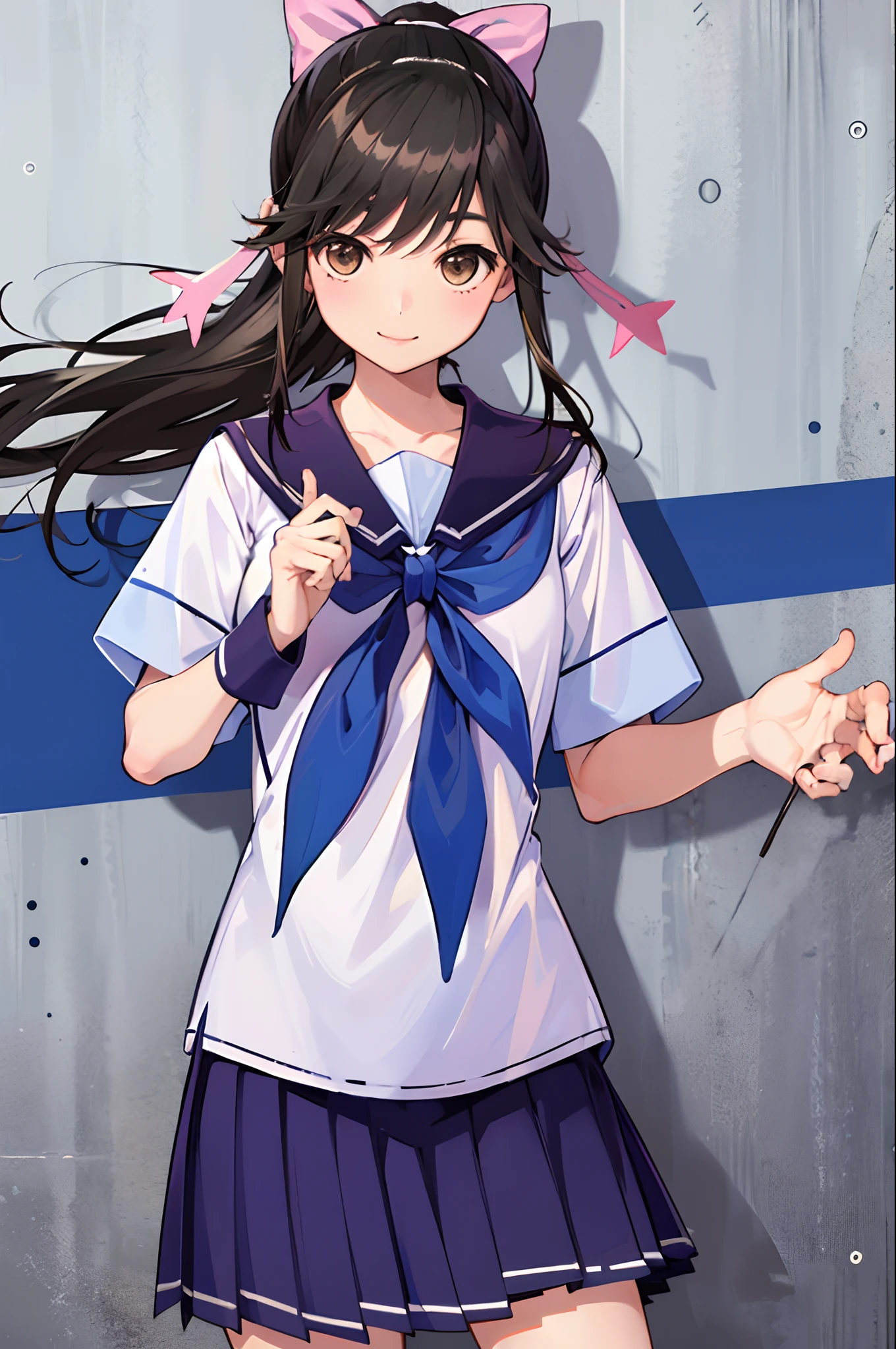 (masterpiece, best quality:1.2), cowboy shot, solo, 1girl, takane manaka, smile, looking at viewer, ponytail, hair bow, school uniform, serafuku, skirt