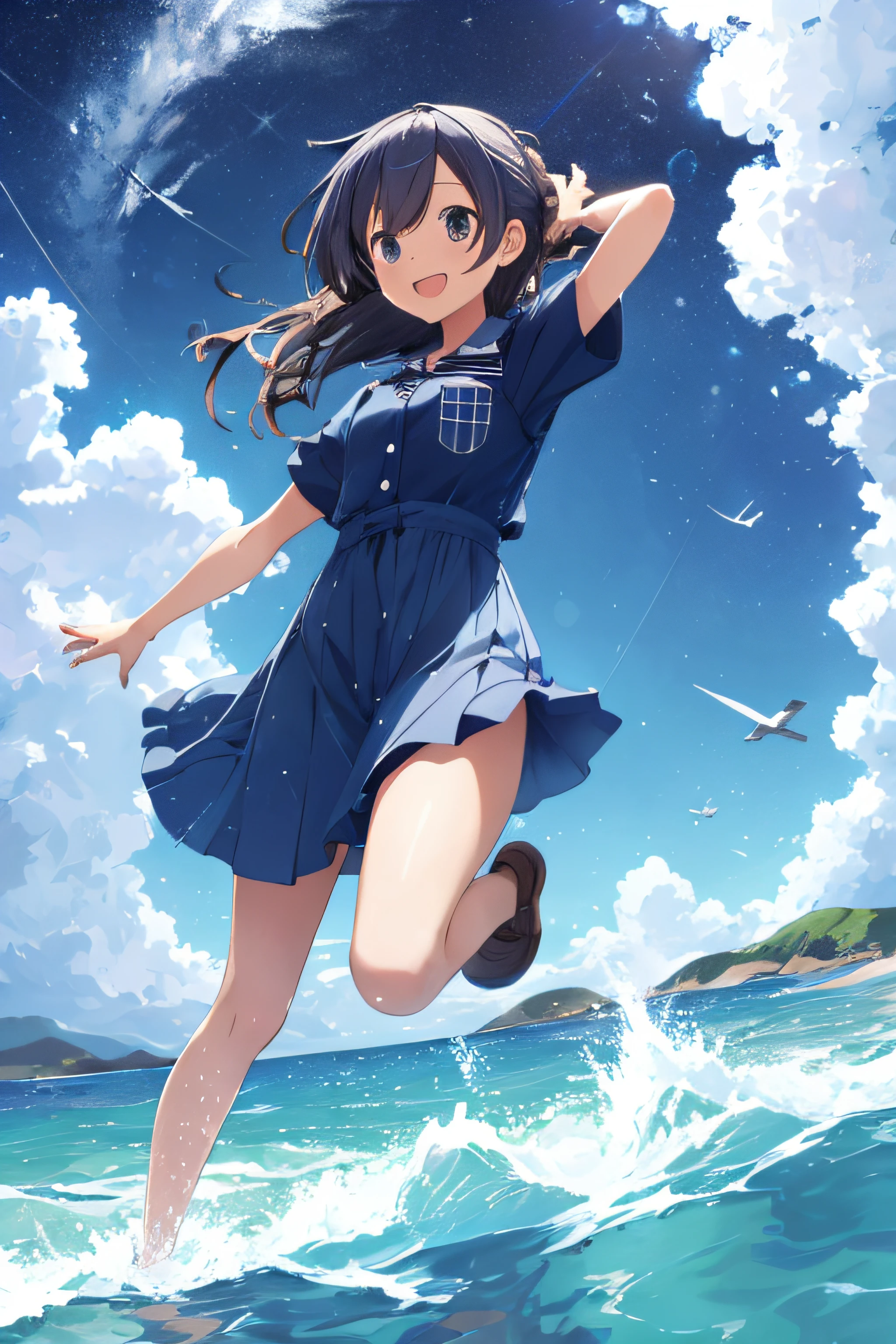 [(Cloud background:1.5),::5] (Isometric:1.0), 1Girl, mid shot, s whole body, ocean, Sea waves, Water splashes, sky, light particles, natta, starry skies, ponytale