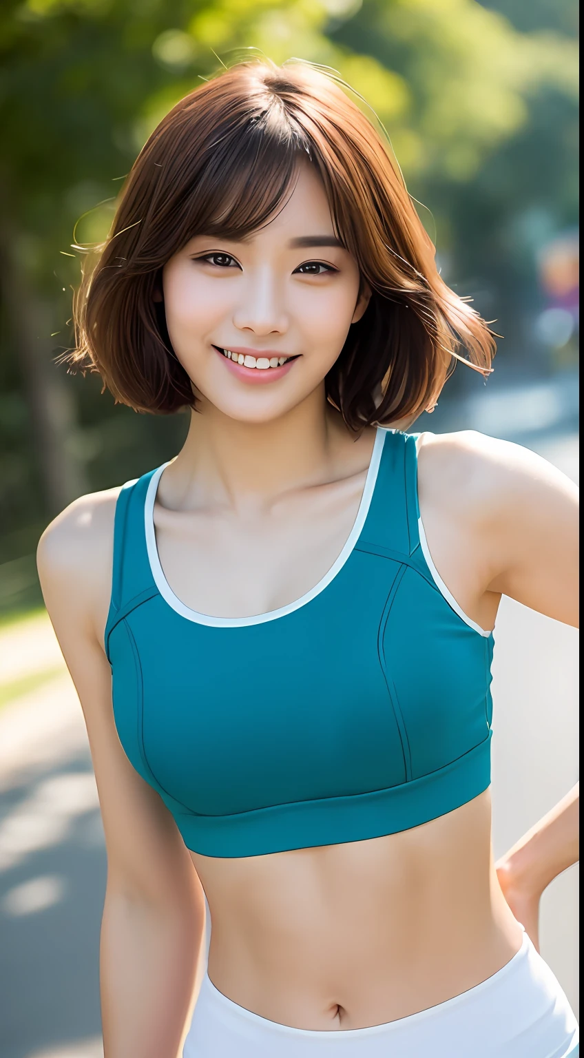 ((Top Quality, 8k, Masterpiece: 1.3)), Sharp Focus: 1.2, Perfect Body Shape Pretty Woman: 1.4, Slender Abs: 1.2, (Layered Haircut, Big: 1.8), (Sports Bra: 2.0), (Jogging: 1.8), (Street: 1.2), Highly Detailed Face and Skin Texture, Detailed Eyes, Double Eyelids, Smile, Bokeh,