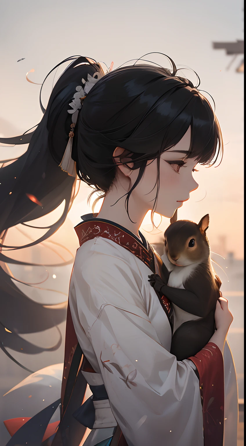 A woman has a squirrel in her arms，Gorgeous light gauze hanfu，Happy emoji，Separate bangs，Raise an eyebrow，Ponytail hairstyle，dynamic blur，Detailed representation，，Ray traching，brightly，8K