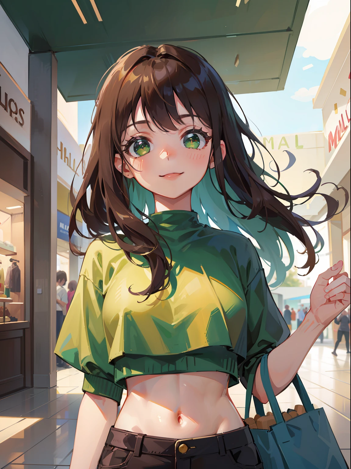 masterpiece), best quality, beautiful detailed hair detailed face, ultra high res, sharp focus, ((1 woman, solo)), perfect feminine face, upper body, medium close-up, (at the noon time:1.2), (in the mall:1.3), chesnut brown hair, ((beautiful shape eyes, green eyes)), look at the viewer, long hair, smiles, black u-crop top