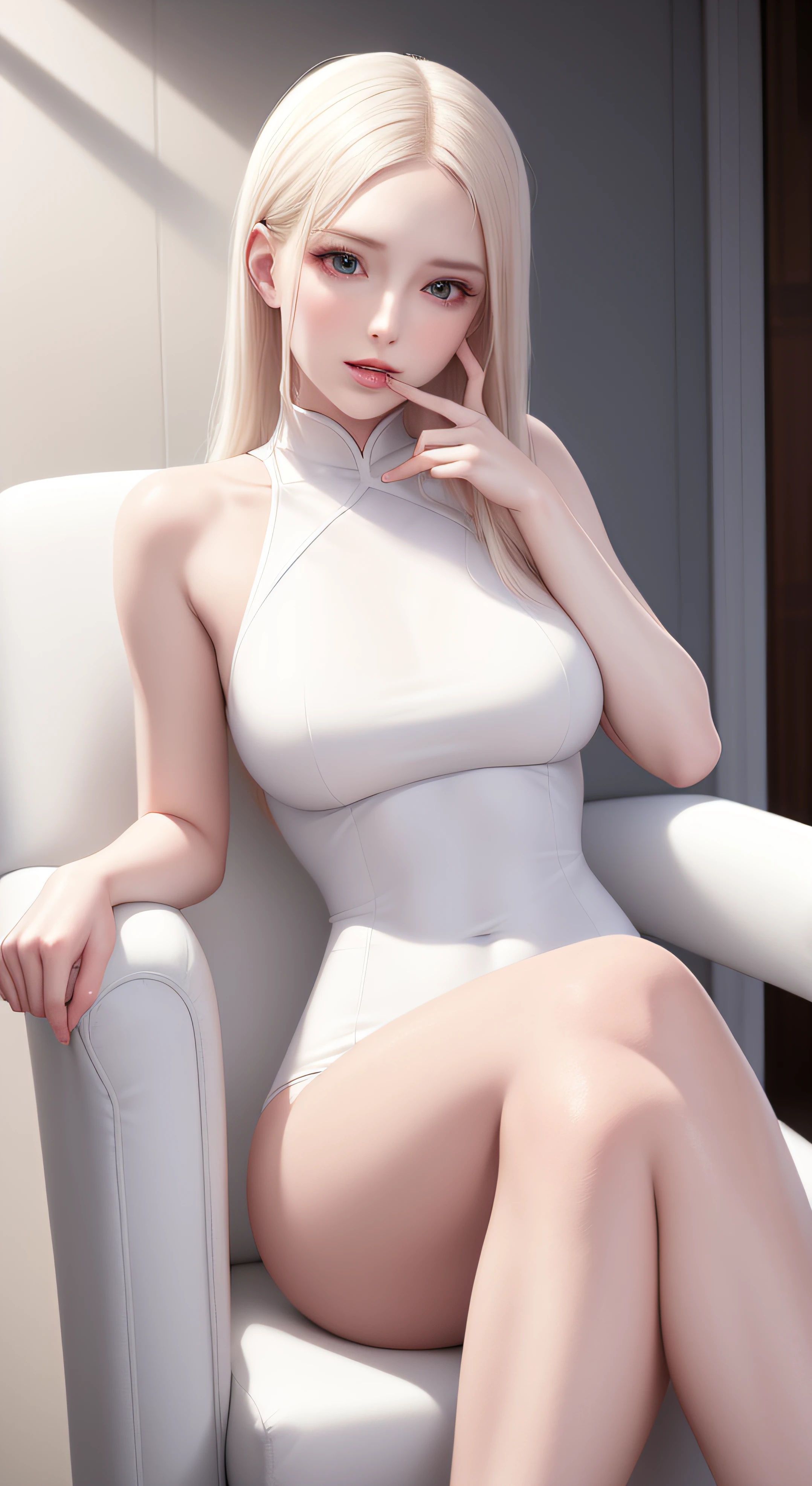 there is a woman sitting in a chair with a cell phone, pale milky white porcelain skin, amouranth, pale porcelain white skin, Smooth translucent white skin, gorgeous chinese models, pale snow-white skin, pale woman, tall thin beautiful goddess, extremely pale, , Pale white skin, Attractive pose, elegant seducing pose, Sexy pose