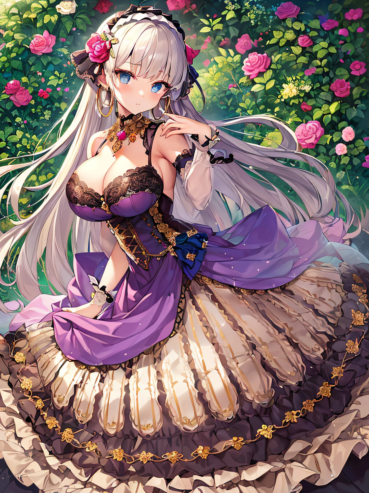 ((anime artstyle)),(Masterpiece),(Best Quality), (Super Detail),((Very Delicate and Beautiful)),(((Solo))),((full body)),(((1 princess in gorgeous ta dress with voluminous full length hoop skirt))),((standing in garden)),Long train,(bling-bling gorgeous gemstone jewelry),detailed face and eyes,jewel-like eyes,cry,((large amount of straight hair,extremely voluminous Very Long Straight Hair)),((gigantic tits,Long tits)),cleavage,(gorgeousfull embroidery and lace),gorgeous corsage,See-through,((extremely gorgeousfull loliair ornament)),bling-bling extremely gorgeousfull jeweled tiara,ornate ruffles,beautiful embroidery,(hoop skirt,crinoline),flowers, flower petals flowing,((Dynamic Angle)),Looking at viewer,((full body))