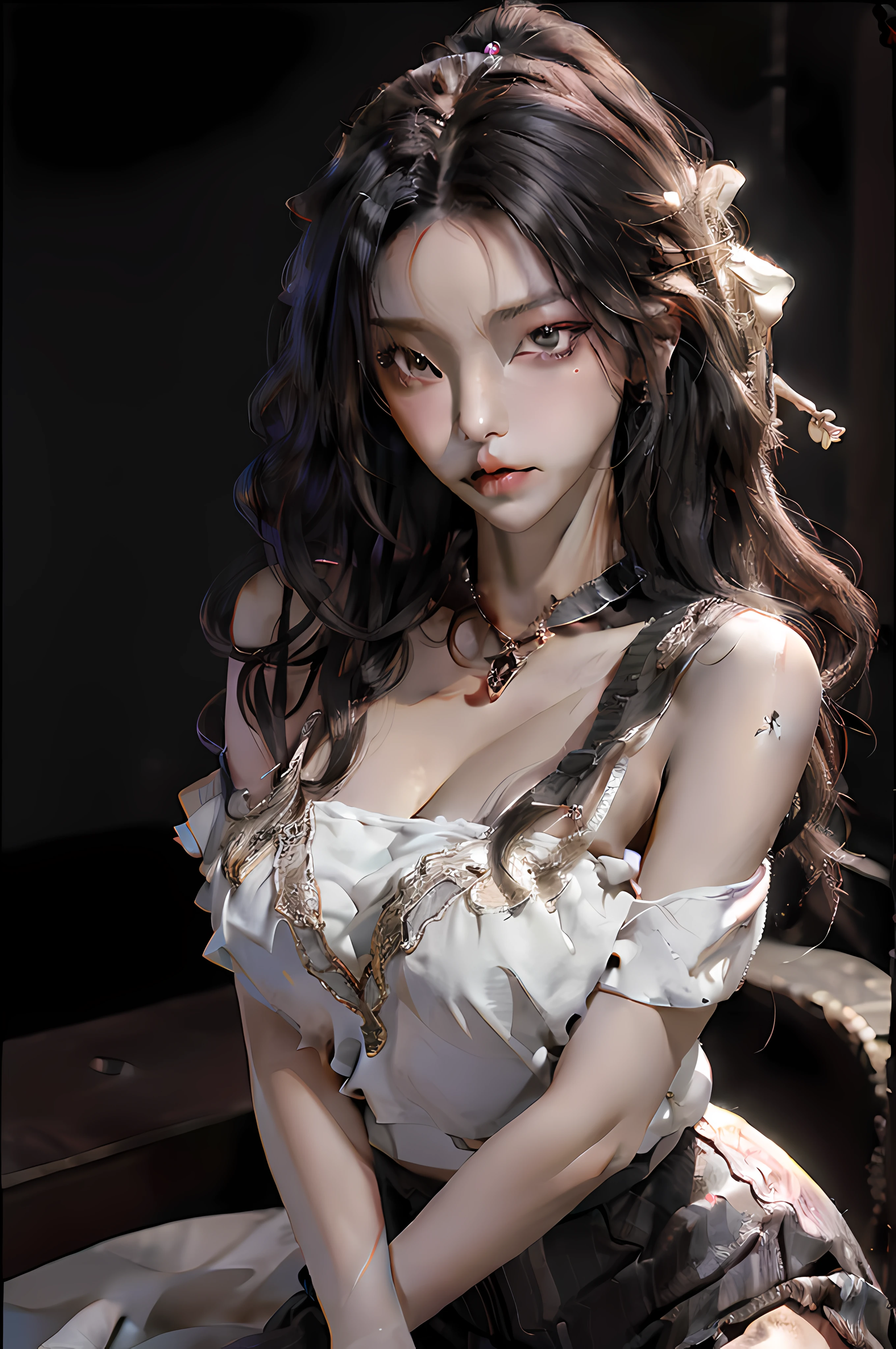 ((Top quality, 8k, Masterpiece: 1.3)), beauty, hidden face, 1 girl, beauty: 1.3, slender abs: 1.1, camisole vest, long black hair, (sitting on bed), ultra-detailed face, highly detailed lips, detailed eyes, double eyelids, white lace, openwork clothes, backless clothes, transparent lingerie, coquettish, big breasts, big breasts, big breasts, big breasts, double breasts, fat buttocks, buttocks, tall figure, sexy stunner? Succubus, succubus, spread her legs, young woman, woman, wife, stroking body, two women, two young women, thighs, big breasts, thick legs, dark complexion, pouting, bare ass, lying on the stomach, wearing a collar around the neck, mouth plugging, bronzed skin, dark skin, wife and milf, sullen, hungry woman, fat ass, ass, open legs, lewd look, sexy thong, masturbation, self-comfort,