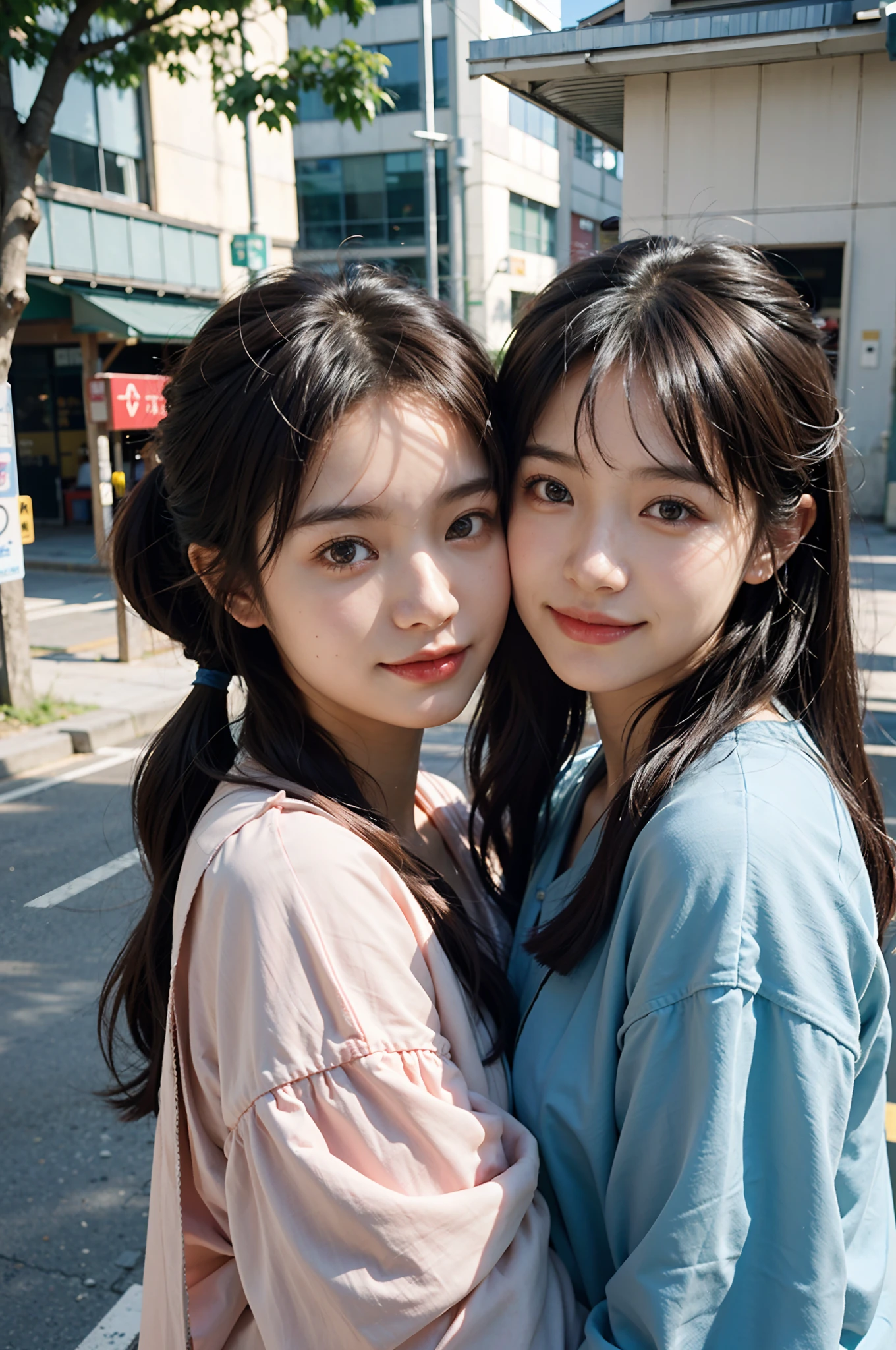 Best quality, Face focus, Soft light, (Depth of field) ,超高分辨率, (Photorealistic:1.4), RAW photo, (Portrait:1.4) ,(from the front side)
(((Two Japanese girls,duo))), Two girls in costume taking selfies on the street,colorful pigtail, anime cosplaying,Cute, (Shy, Smile:1.1), (Brown eyes),  Detailed beautiful face, (mid day_Hair)