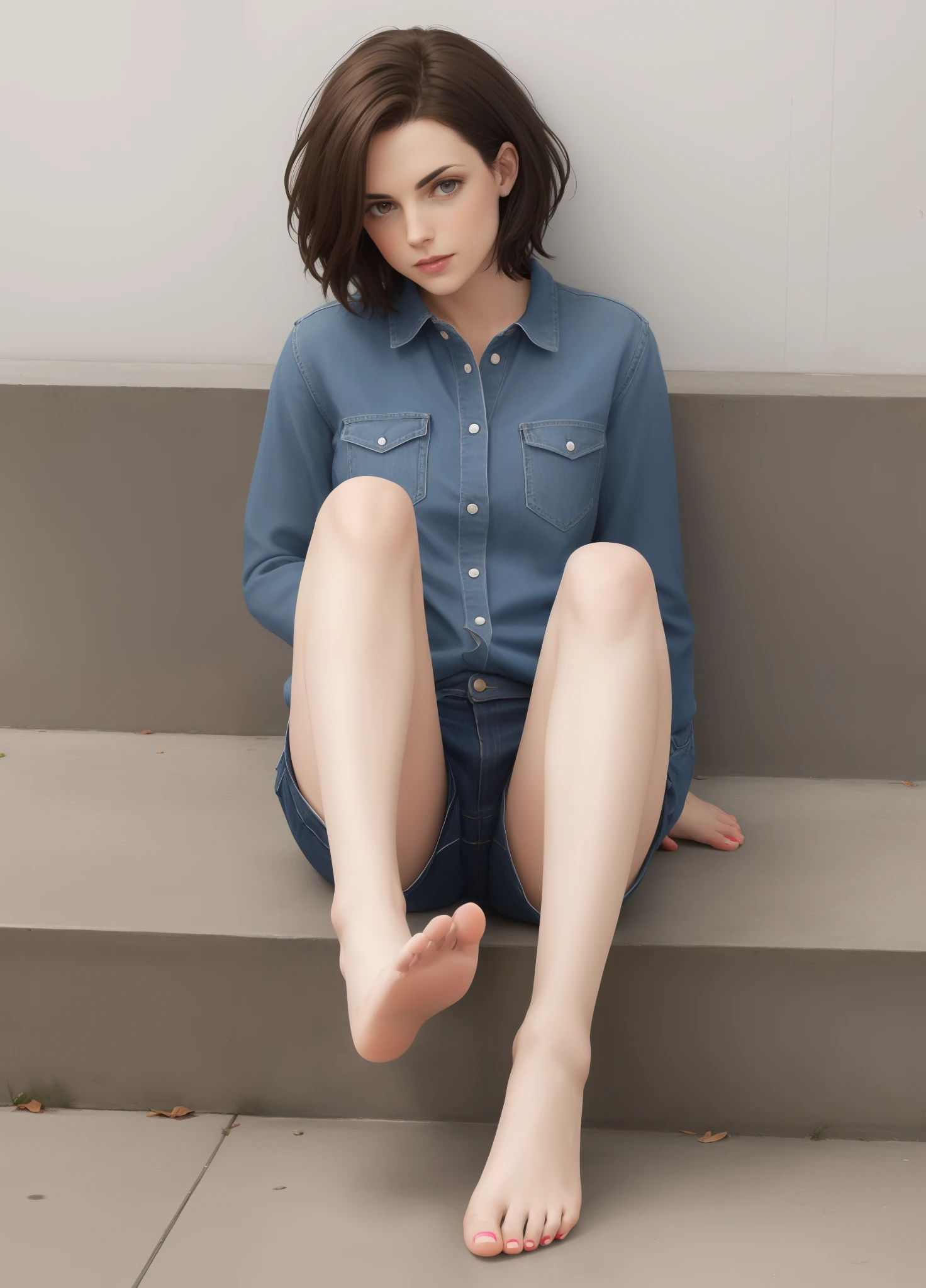 Short brunette hair,foot up,