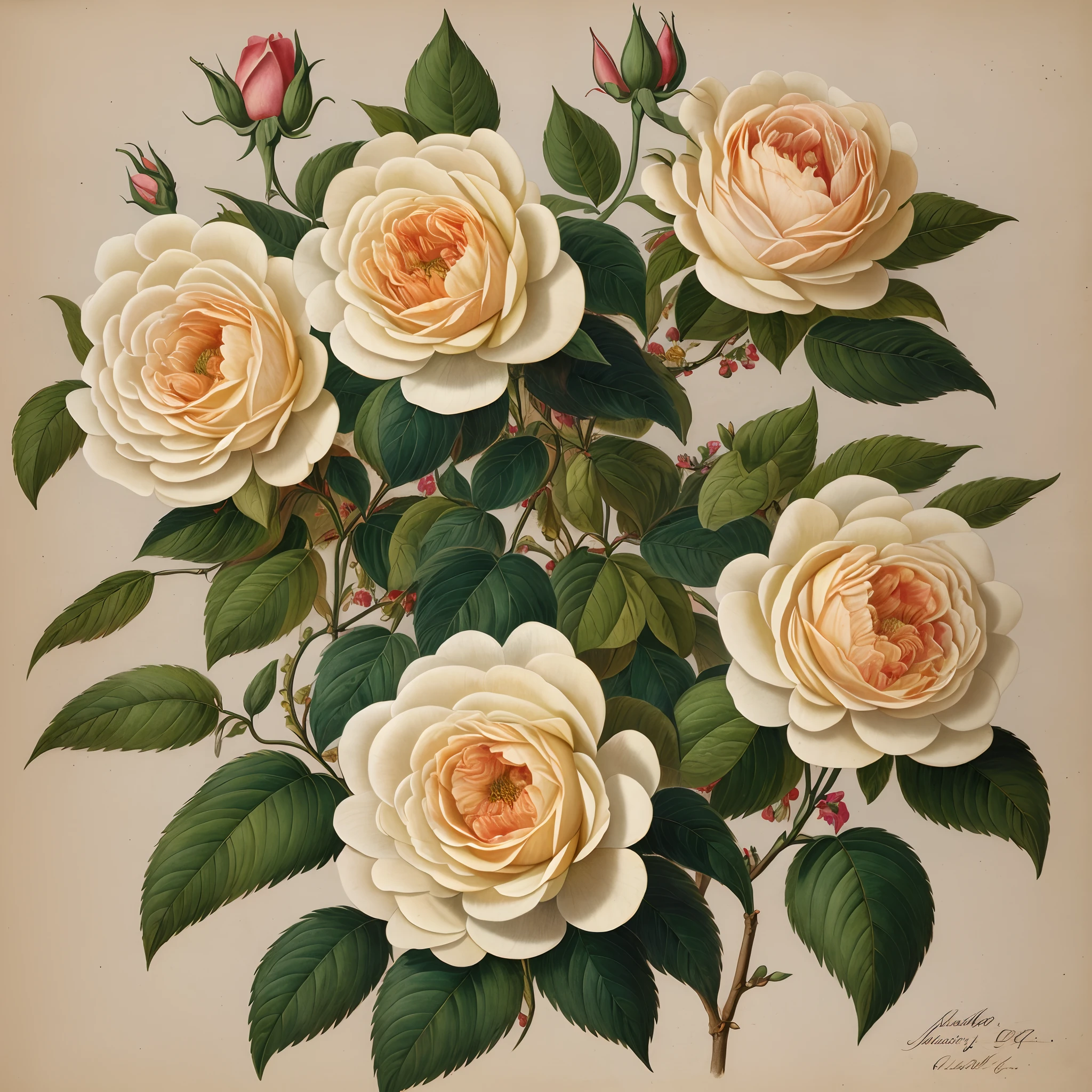 (best quality:1.2), (detailed:1.2), (masterpiece:1.2), vintage botanical illustrations of Larger Provence Rose (1770 1775) in high resolution by John Edwards