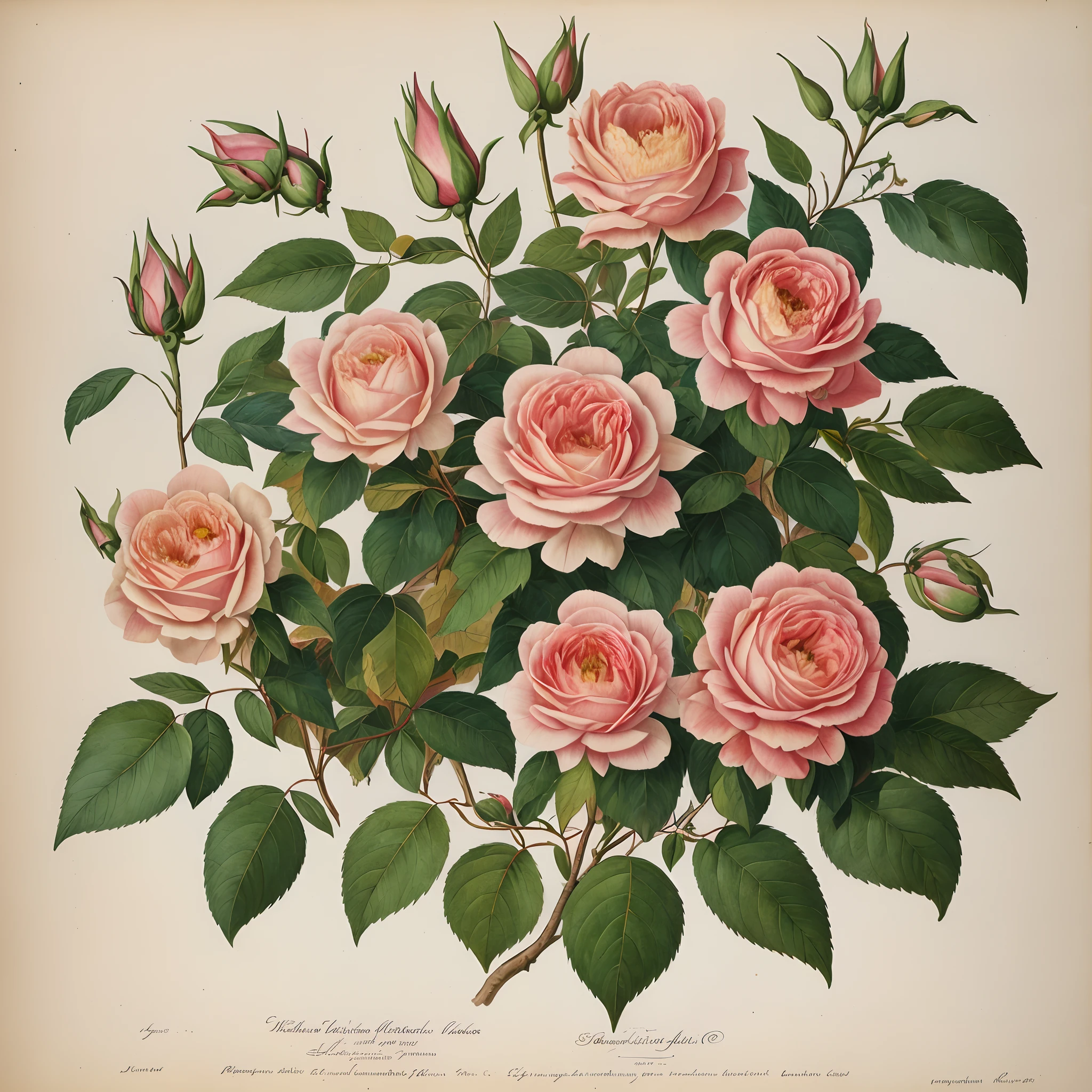 (best quality:1.2), (detailed:1.2), (masterpiece:1.2), vintage botanical illustrations of Larger Provence Rose (1770 1775) in high resolution by John Edwards