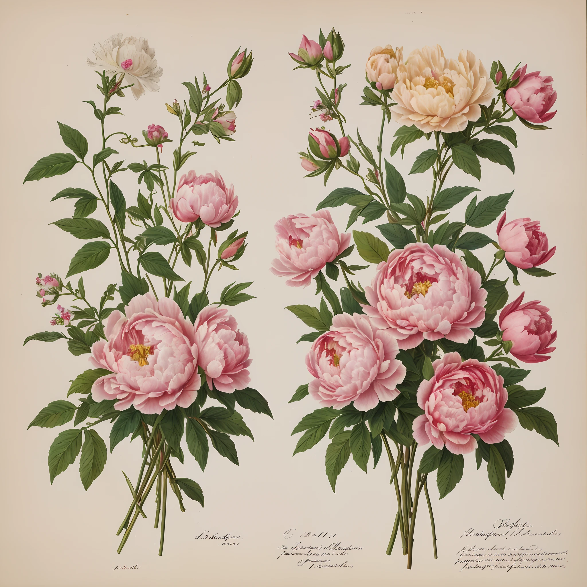 (beste-Qualit: 1.2), (Detailed: 1.2), (tmasterpiece: 1.2), Vintage botanical illustrations of pink peonies, bouquet  (1770-1775) in high resolution by John Edwards