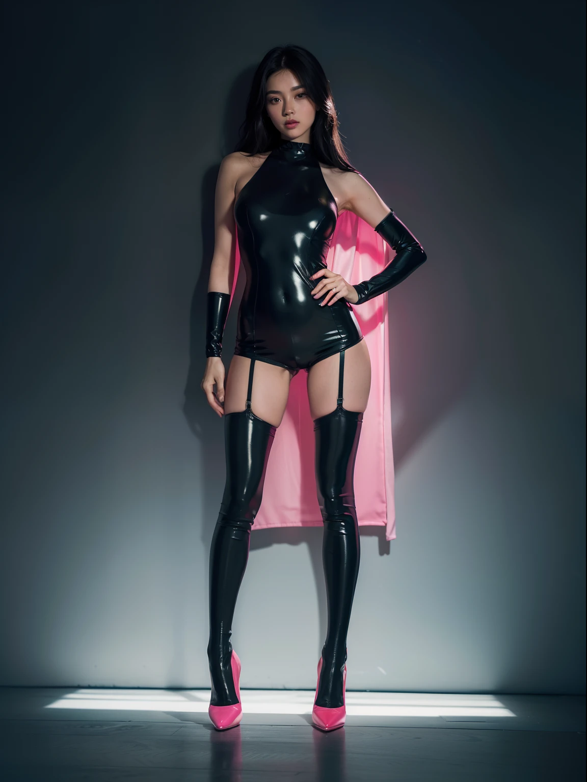 (full body:1.5),(looking at viewer:1.4),(anatomy correct:1.3),(In the paradise of the day:1.3),(Stockings jumpsuit:1.5),(Wearing and pointed toe high-heeled, and Female super hero full body Suit :1.4), (A high jump posture:1.3),(In pink|amarelo|blue colors|green color|red colour|white colors|black in color|purpleish color|greys|Beige|Flesh color 1.4),(Accurate and perfect face:1.4),(Clothing Gloss:1.25),(Skin reflection:1.25)A shallow laugh,,hyper HD, Ray traching, reflective light,structurally correct, Award-Awarded, high detal, lightand shade contrast, Face lighting,cinmatic lighting, tmasterpiece, super detailing, high high quality, high detal, best qualityer, 16k,high contrast,
