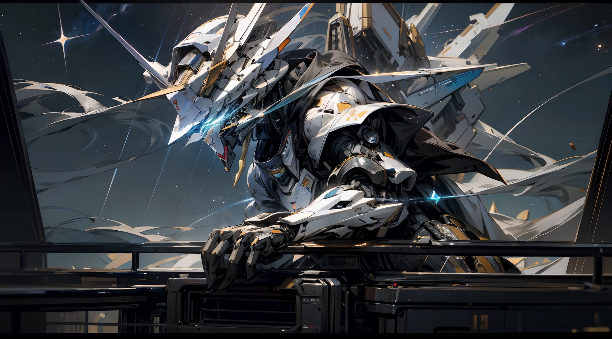 ((tmasterpiece,Better quality)),illustratio,Ultra-detailed 8K,Photorealsitic,tack sharp focus,The is very detailed,Professional lighting,Colorful Detailed,cosmic starry sky,Large mechanical robot structure,Up,The sheen,Complicated details,cyber punk perssonage,The upper part of the body,Up,White and Blue Gundam,drak,shitu-mecha,