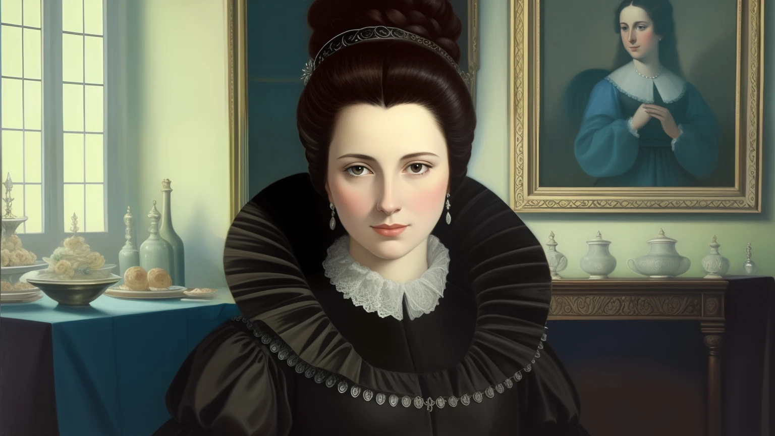 There is a woman in a black dress with a white collar, 1 7th-century duchess, pintura digital barroca, cabelo barroco, pintura digital renascentista, Retrato barroco, inspirado em Fra Bartolomeo, innblásin af Júlíönu Sveinsdóttur, inspirado em Ambrosius Benson, inspirado em Thyrza Anne Leyshon, vestindo uma roupa de nobre