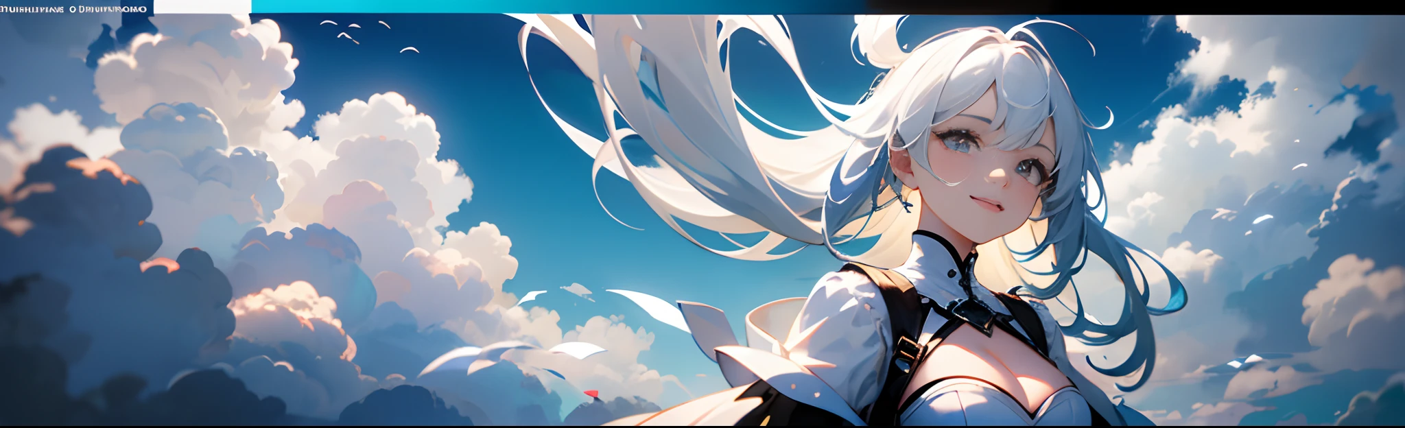 tmasterpiece,best qualtiy,cinematic Film still from,1girl,Floating in the sky,Cloud Girl,clouds,white color hair(closeup cleavage:1.1),brightly,cheerfulness,intriguing,gentlesoftlighting,(bauhause,shape,lineworks,abstracted:1.1)
