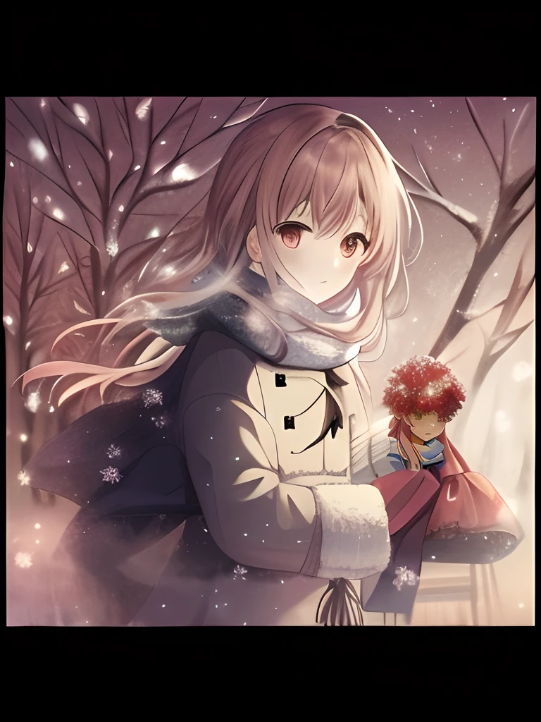 Anime girl with long hair holding a bouquet of flowers in both hands in the snow, seasons!! : 🌸 ☀ 🍂 ❄, Cute anime girl, anime visual of a cute girl, with frozen flowers around her, (Anime girl), made with anime painter studio, Beautiful anime girl, In winter, in the winter, Cute anime girl portrait, Anime moe art style, pretty anime girl