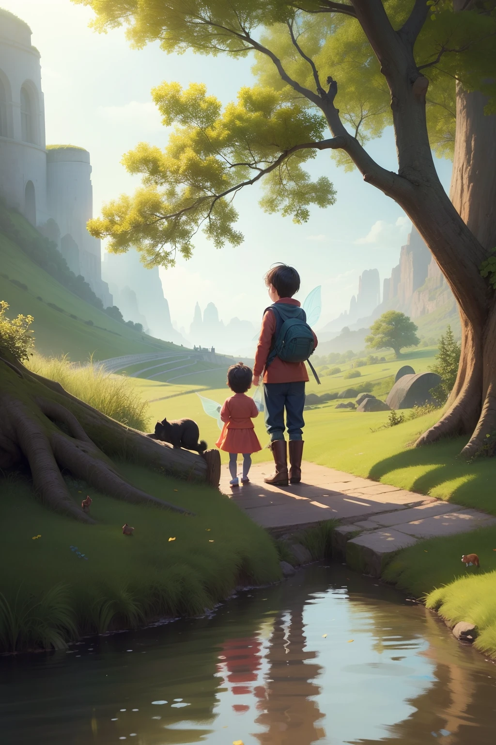 - Prompt: The style is that of a fairy tale illustration,"A 5years old,the boy and small dog are standing together, preparing for their grand adventure. Capture the excitement of their upcoming journey in a vibrant and inviting scene."