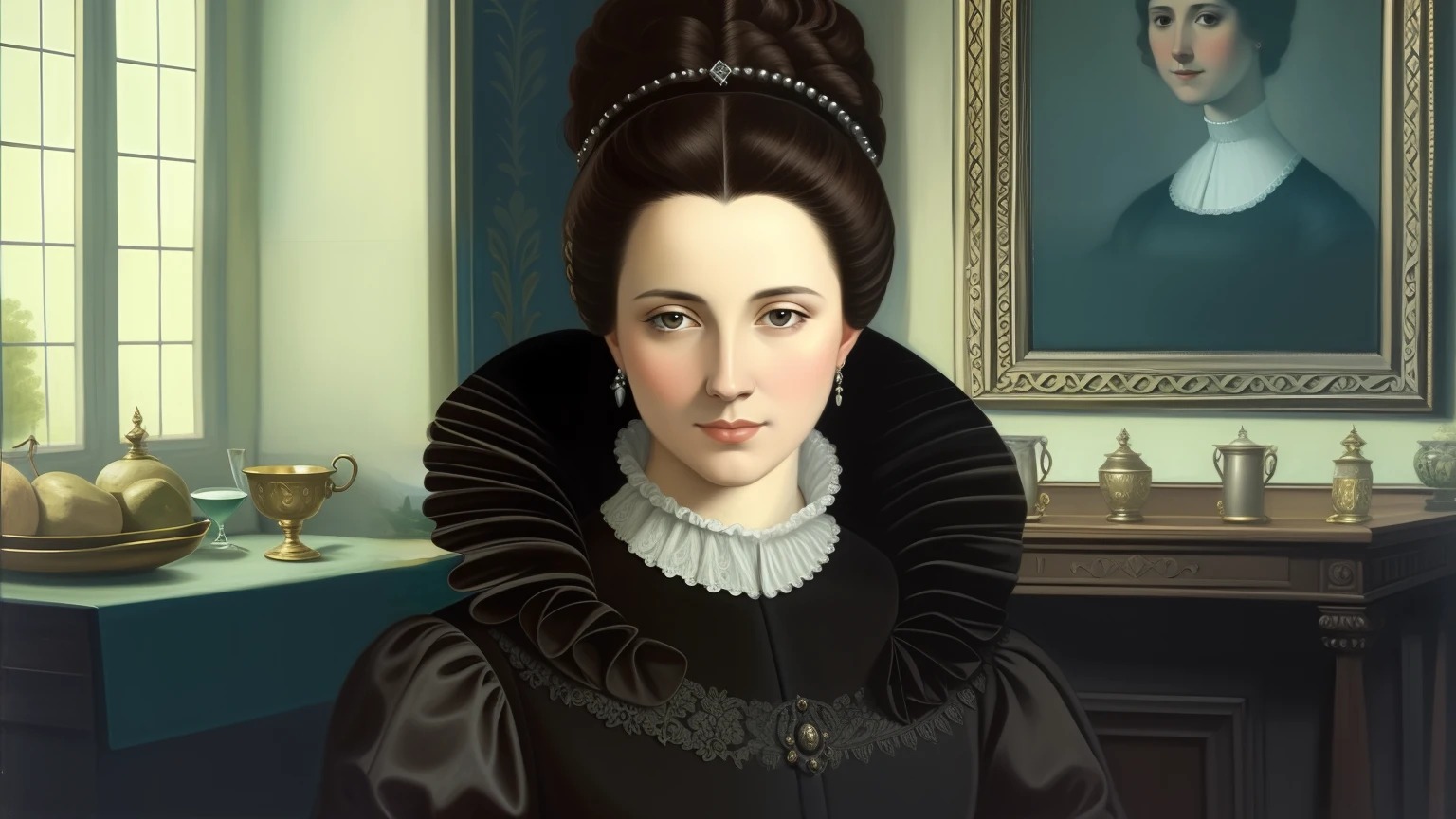 There is a woman in a black dress with a white collar, 1 7th-century duchess, pintura digital barroca, cabelo barroco, pintura digital renascentista, Retrato barroco, inspirado em Fra Bartolomeo, innblásin af Júlíönu Sveinsdóttur, inspirado em Ambrosius Benson, inspirado em Thyrza Anne Leyshon, vestindo uma roupa de nobre