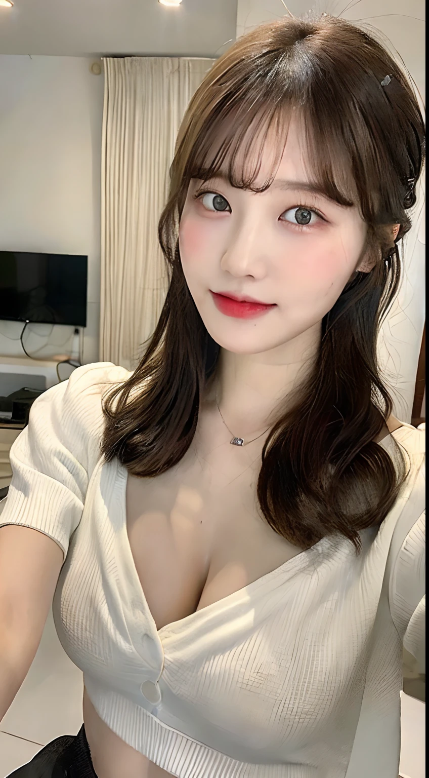 ((Best quality, 8k, Masterpiece :1.3)), 1girl, Pretty woman who emphasizes slender abs:1.3, (Casual hairstyle, huge tit:1.2), leisure wear:1.2, inside in room, Super detailed face, A detailed eye, Double eyelids,bared chest,ssmile,Expose cleavage