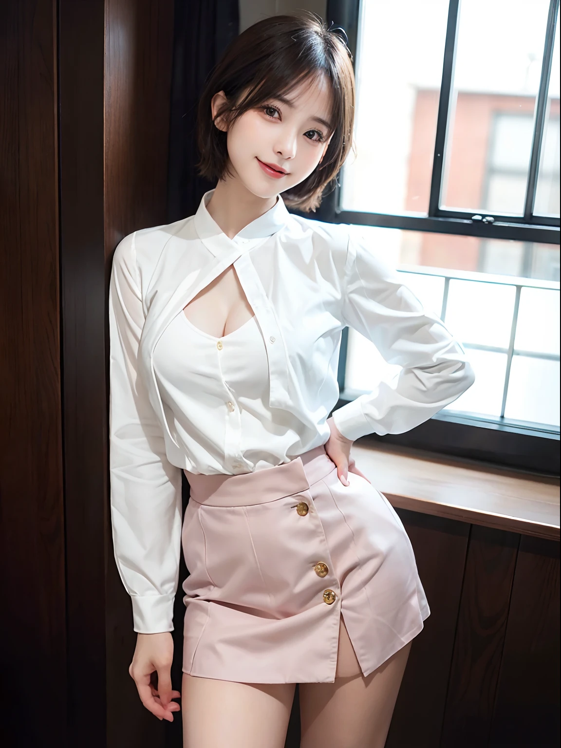 (Raw photography:1.2)、top-quality、a beautiful detailed girl、A smile、short-haired、extremely detailed eye and face、beatiful detailed eyes、huge filesize、hight resolution、8k wallpaper、finely detail、Highly detailed ticker uniform 8K wallpaper、Light on the Face、电影灯光、16-year-old girl、sexy  pose、(photorealisim:1.4)、illustratio、super detailing、校服、a miniskirt