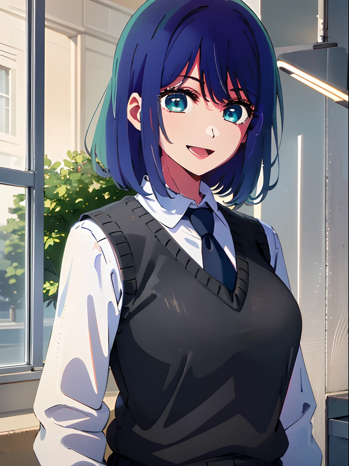 beautiful lighting, 1girl in, 独奏, Akane, white shirt, Sweater Vest, Black vest, Blue tie, ((anime styled))、((2D))、a smile、Open your mouth