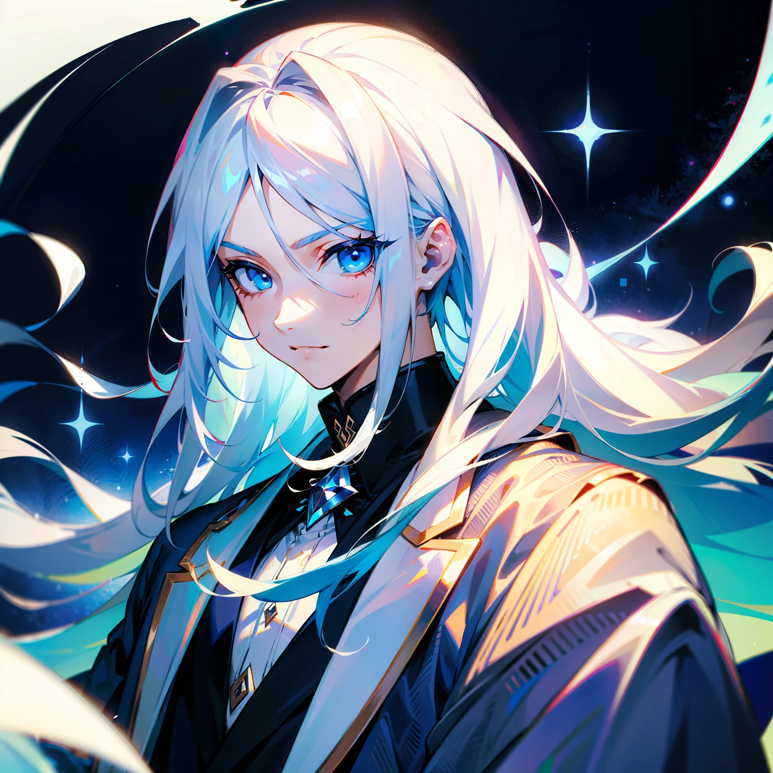 (tmasterpiece，best qualtiy)，A long white hair，Blue-eyed boy