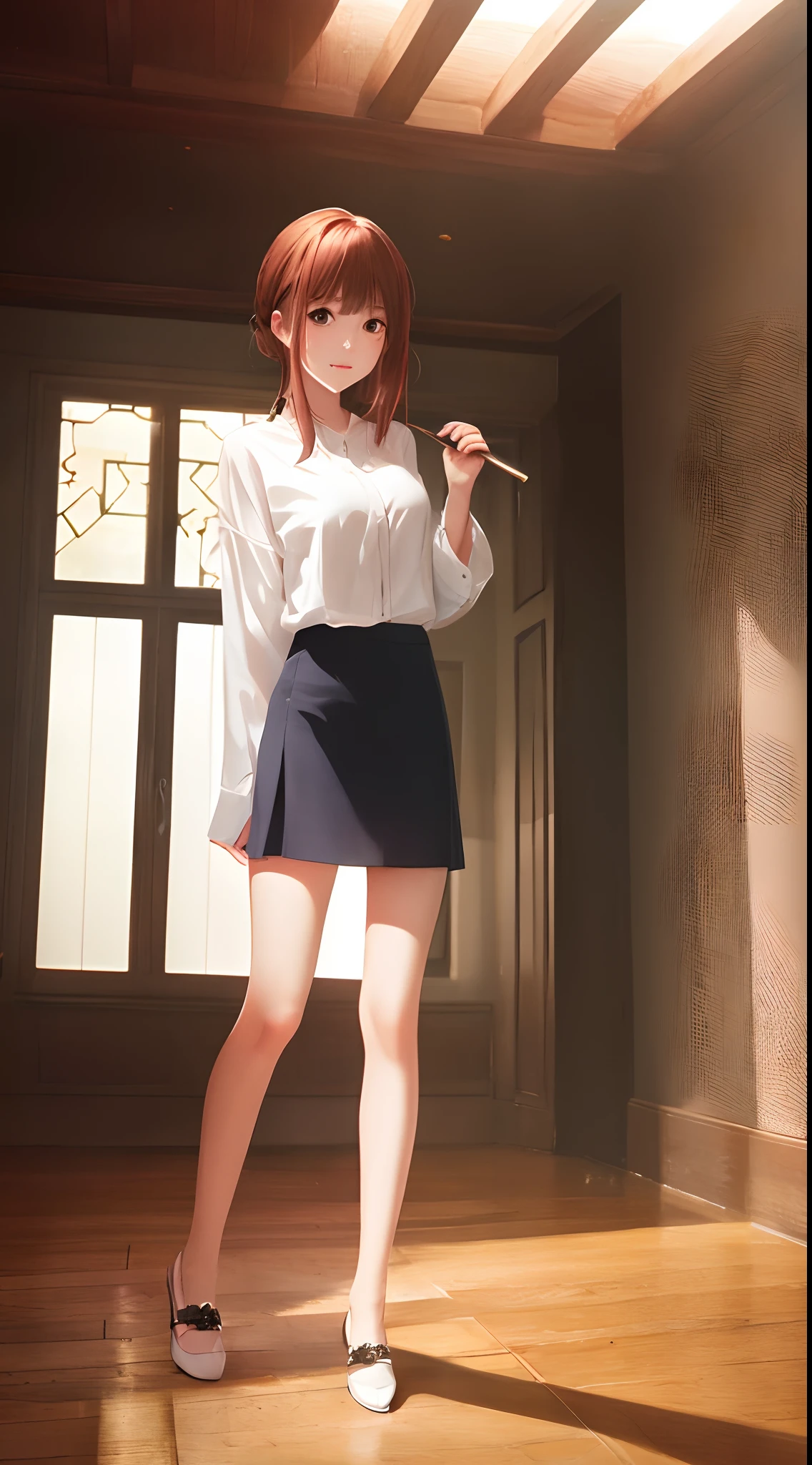 Ultra-realistic 8k CG，s the perfect face，flawless perfection，ren，tmasterpiece，professionalartwork，famousartwork，s the perfect face，beauitful face，beautidful eyes，（（Perfect female body）），独奏，（immersiveatmosphere，lightand shade contrast：1.5，Bright light:1.2,lumnious),,(Blushlush:0.5),ssmile,Ultimate detail_The eye,the background is clean,There is sun shine,photorealestic:1.3,Faraway view,1girl,The shirt,pleatedskirt,white  shirt，Sit Pose，A half body，（ambient lights：1.3），（cinematic compositions：1.3），（neonlight：0.1），（HDR：0.1），emphasis lighting