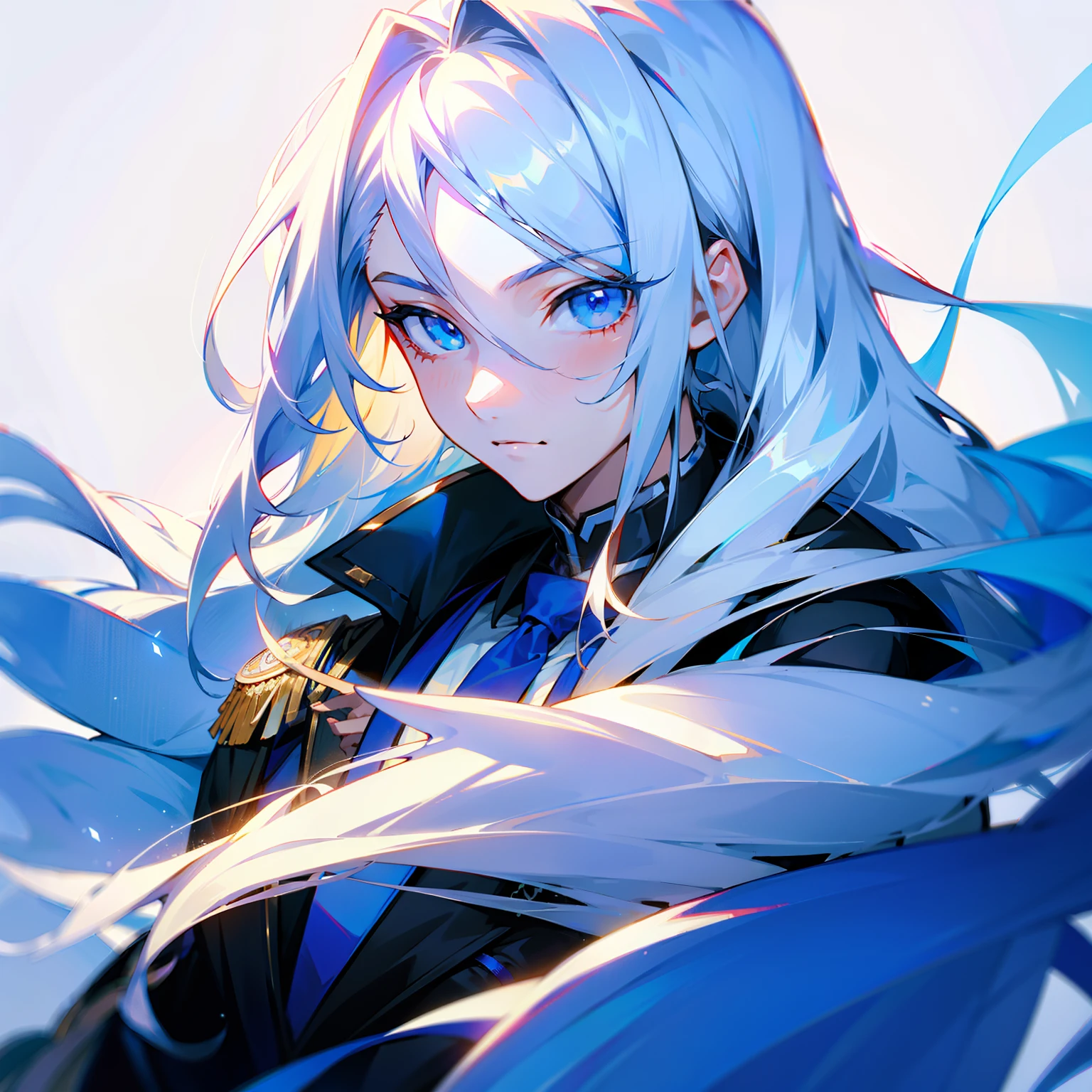 (tmasterpiece，best qualtiy)，A long white hair，Blue-eyed boy