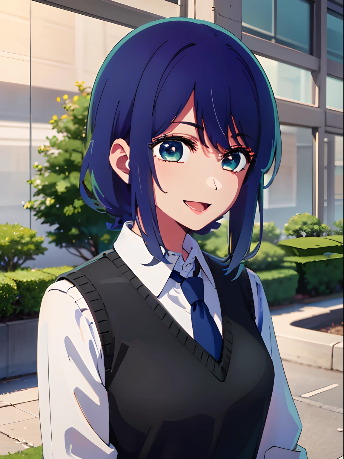 beautiful lighting, 1girl in, 独奏, Akane, white shirt, Sweater Vest, Black vest, Blue tie, ((anime styled))、((2D))、a smile、Open your mouth