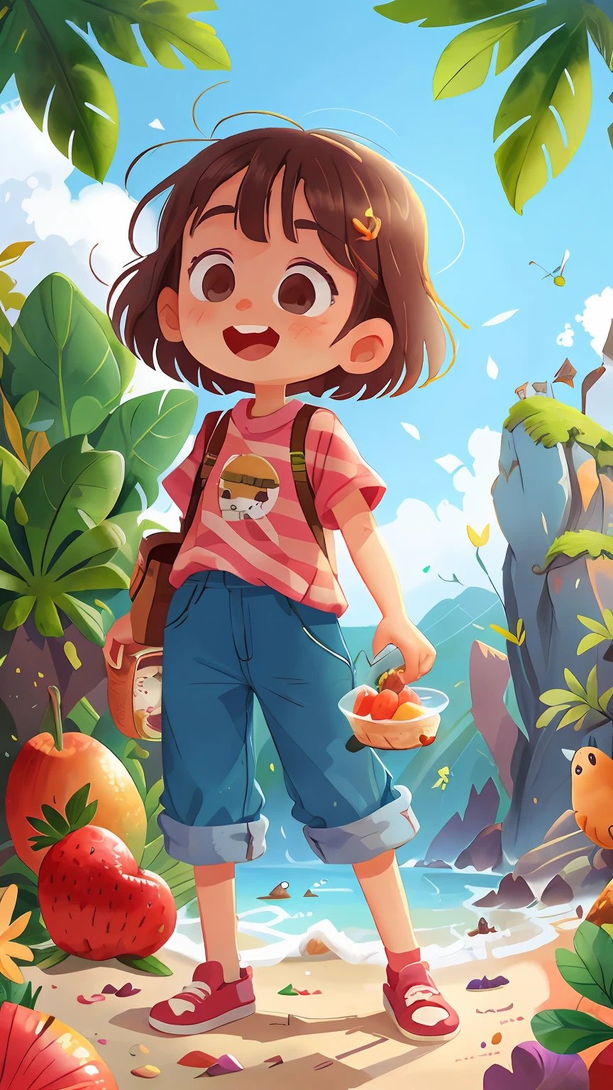 A girl of one，long trousers，sea beach，Many fruits,Many desserts，cheerfulness，Rejoice，Perfect quality，Clear focus， （tmasterpiece：1.2） （realisticlying：1.2） （Bokeh） （best qualtiy） （detailedskin：1.3） （complexdetails） （8K） （detailedeyes） （Sharp focus）,（having fun）